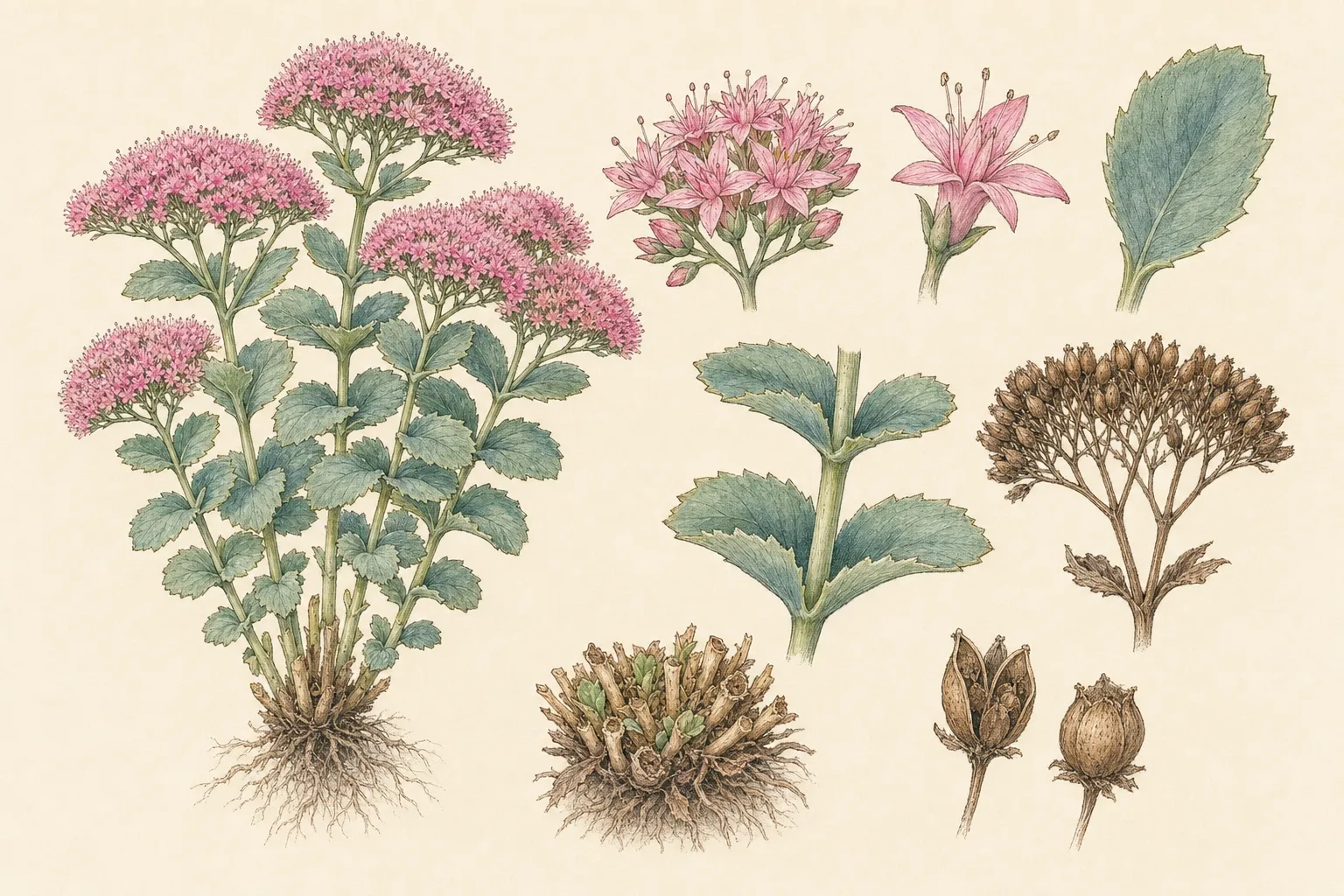 Botanical identification plate of Showy Stonecrop, Hylotelephium spectabile