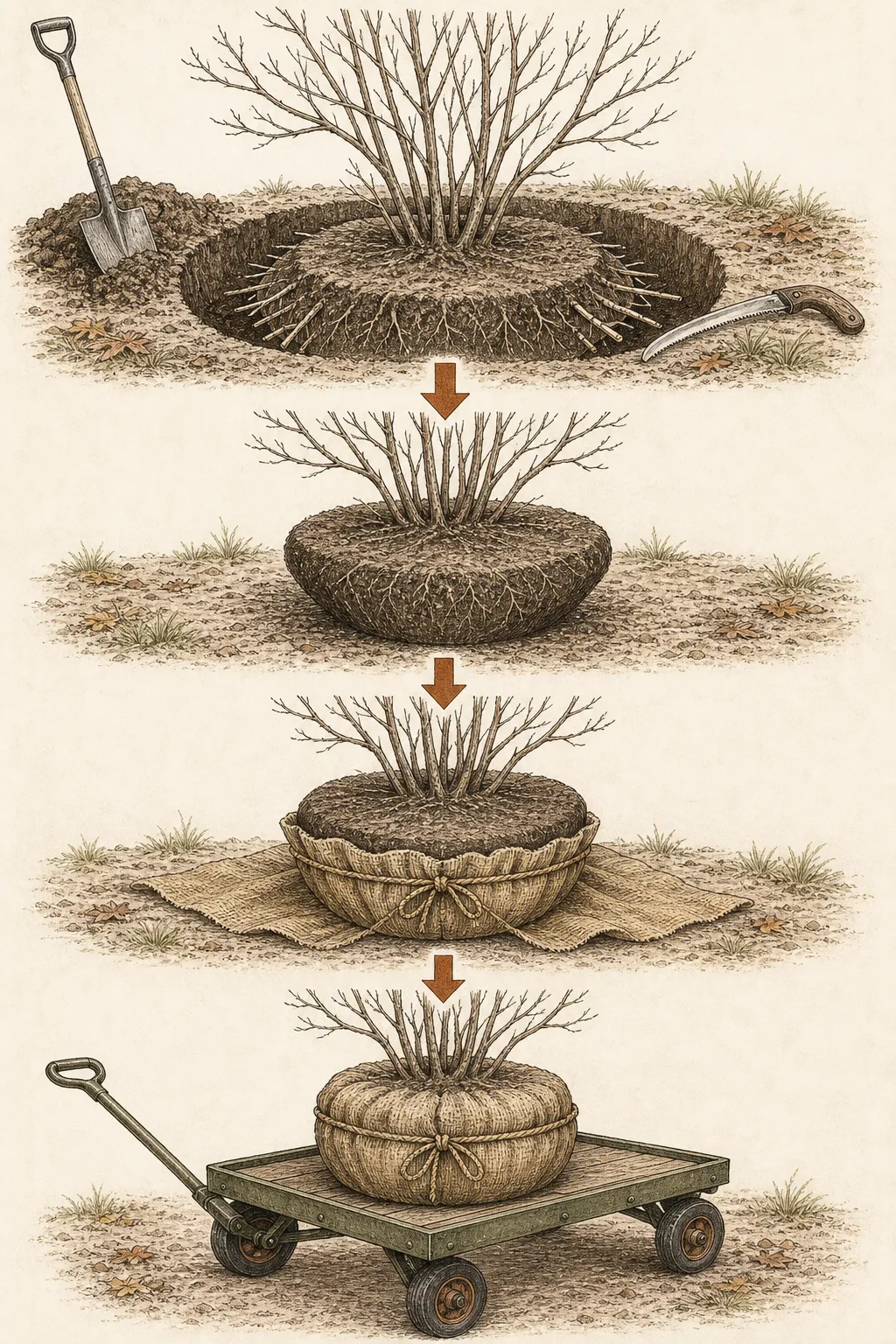 Sequential drawing of a leafless shrub root ball being trenched, undercut at an angle, wrapped in burlap, and slid onto a rigid low cart without pulling the stems