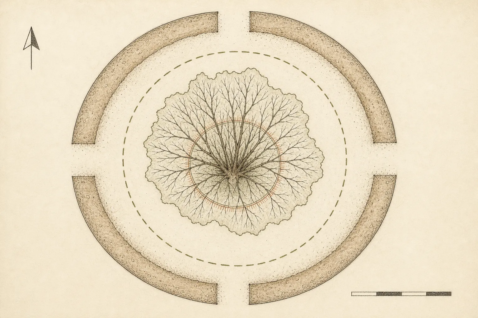 Overhead drawing of a dormant multi-stem shrub with the future root ball, outer trench, drip line, north mark, and four access quadrants clearly distinguished