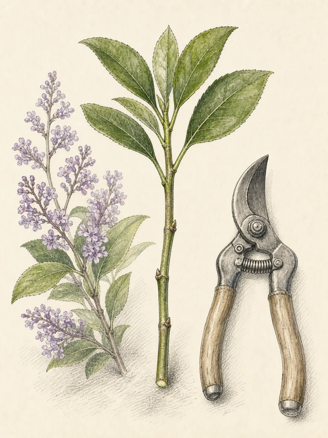 Prepared ornamental-shrub shoot tip cut below a node with lower leaves removed and clean pruners beside it
