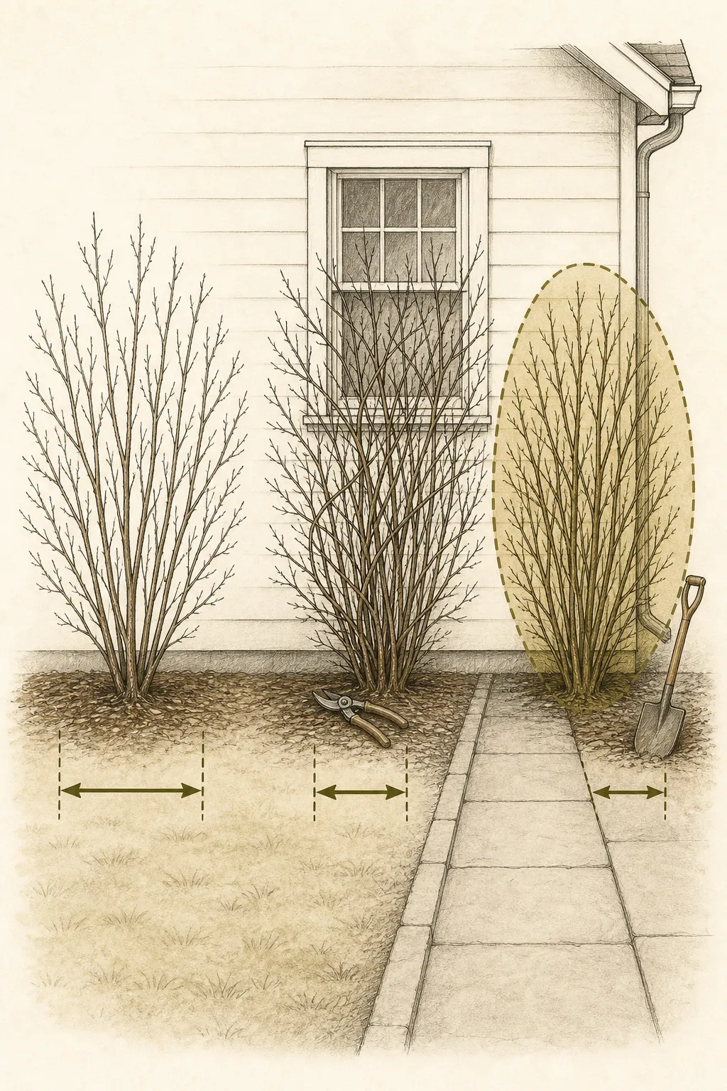 A leafless shrub elevation compares crossing branches, wall crowding, shaded interiors, and the clearer forms that justify pruning, moving, or removal