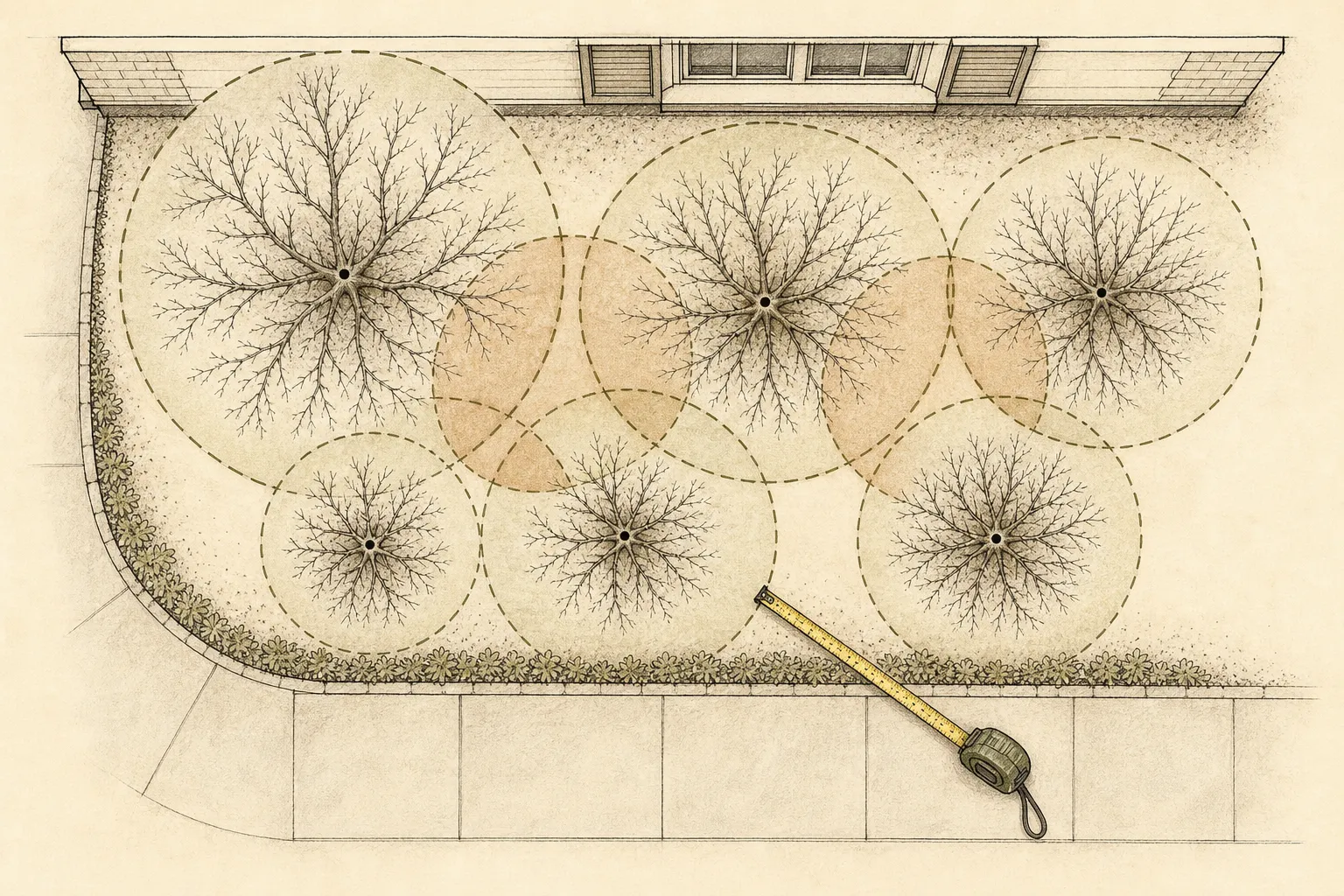 An overhead winter plan shows mature spread halos for shrubs against a walk, wall, window, and service strip with conflict zones marked