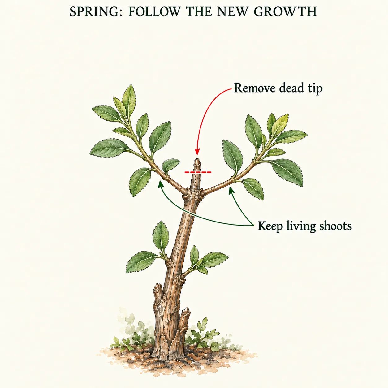 Spring salvia branch with two living side shoots and a marked cut through the dead extension above their junction