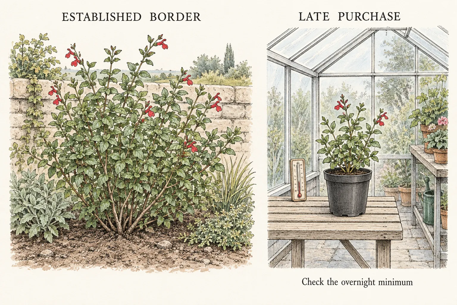 An established shrubby salvia in a sheltered border beside a late nursery purchase on a greenhouse bench with a thermometer