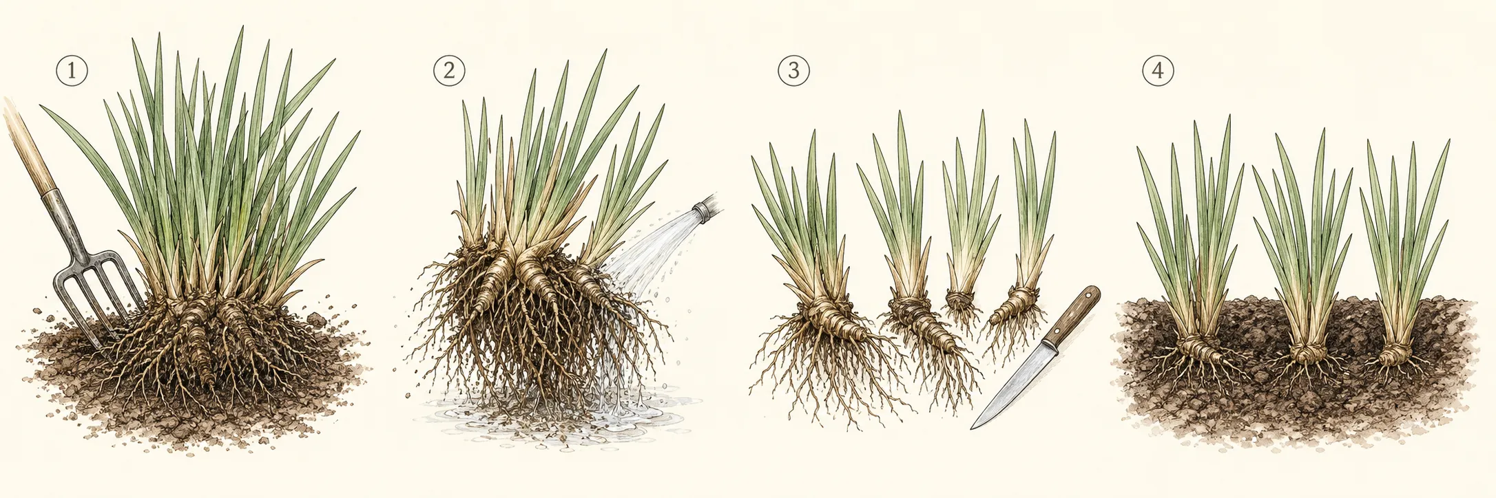 Four-stage botanical sequence showing Siberian iris lifted, roots cleaned, crown separated into healthy fans, and replanted