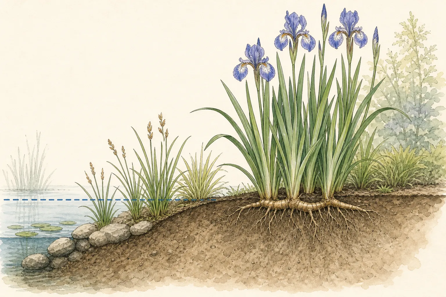 Garden study showing the placement and growth habit of Siberian Iris