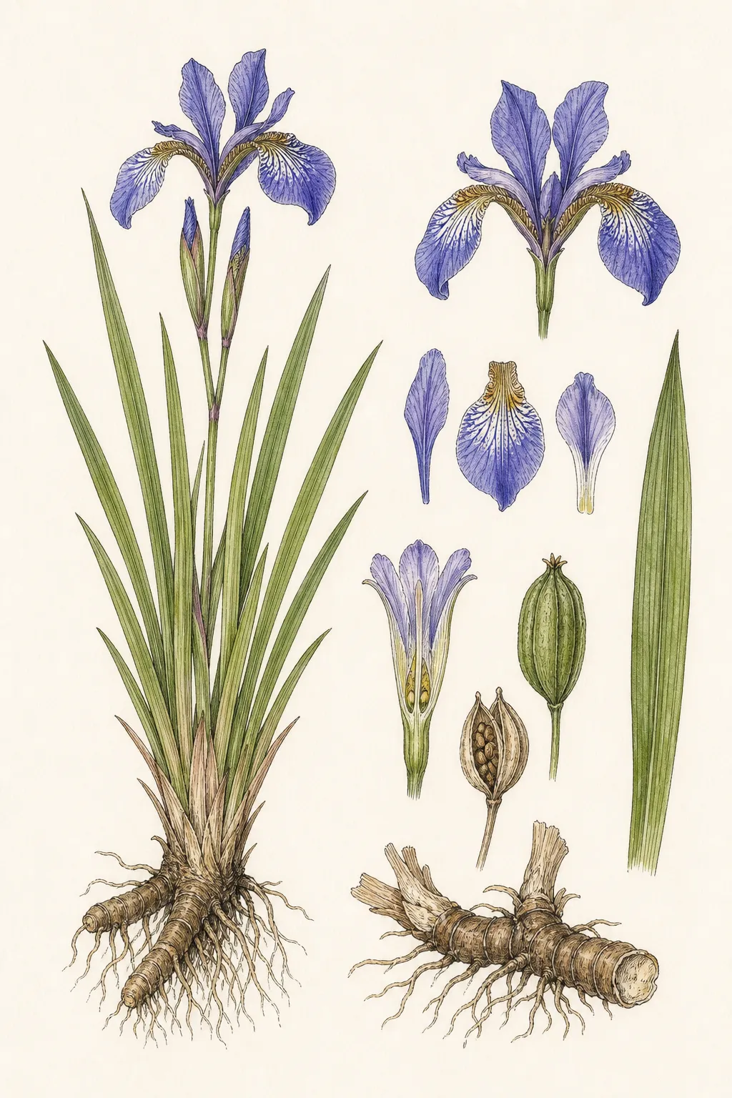 Botanical identification plate of Siberian Iris, Iris sibirica