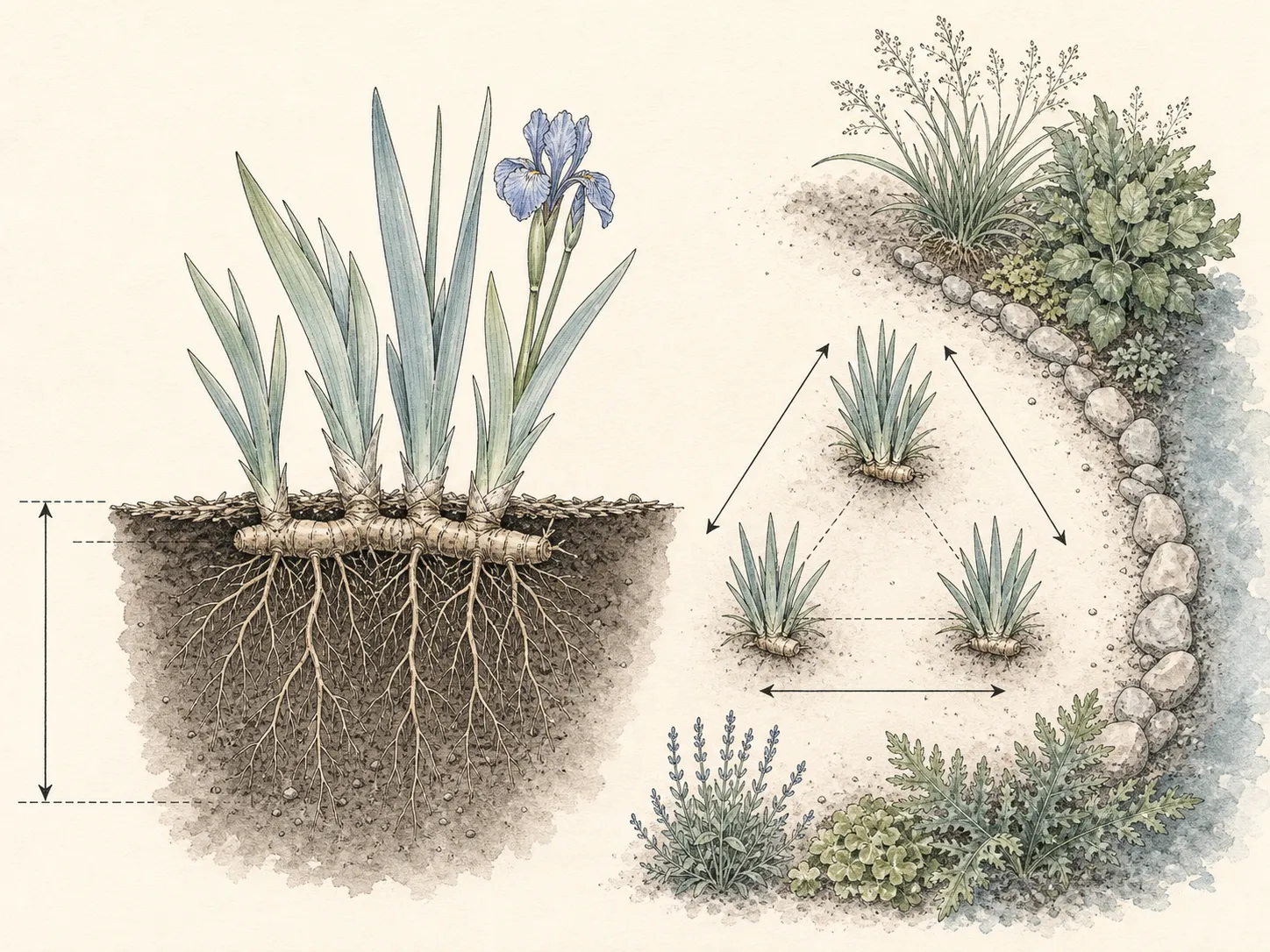Soil section and overhead plan showing Siberian iris rhizomes just below the surface and divisions grouped with mature spacing