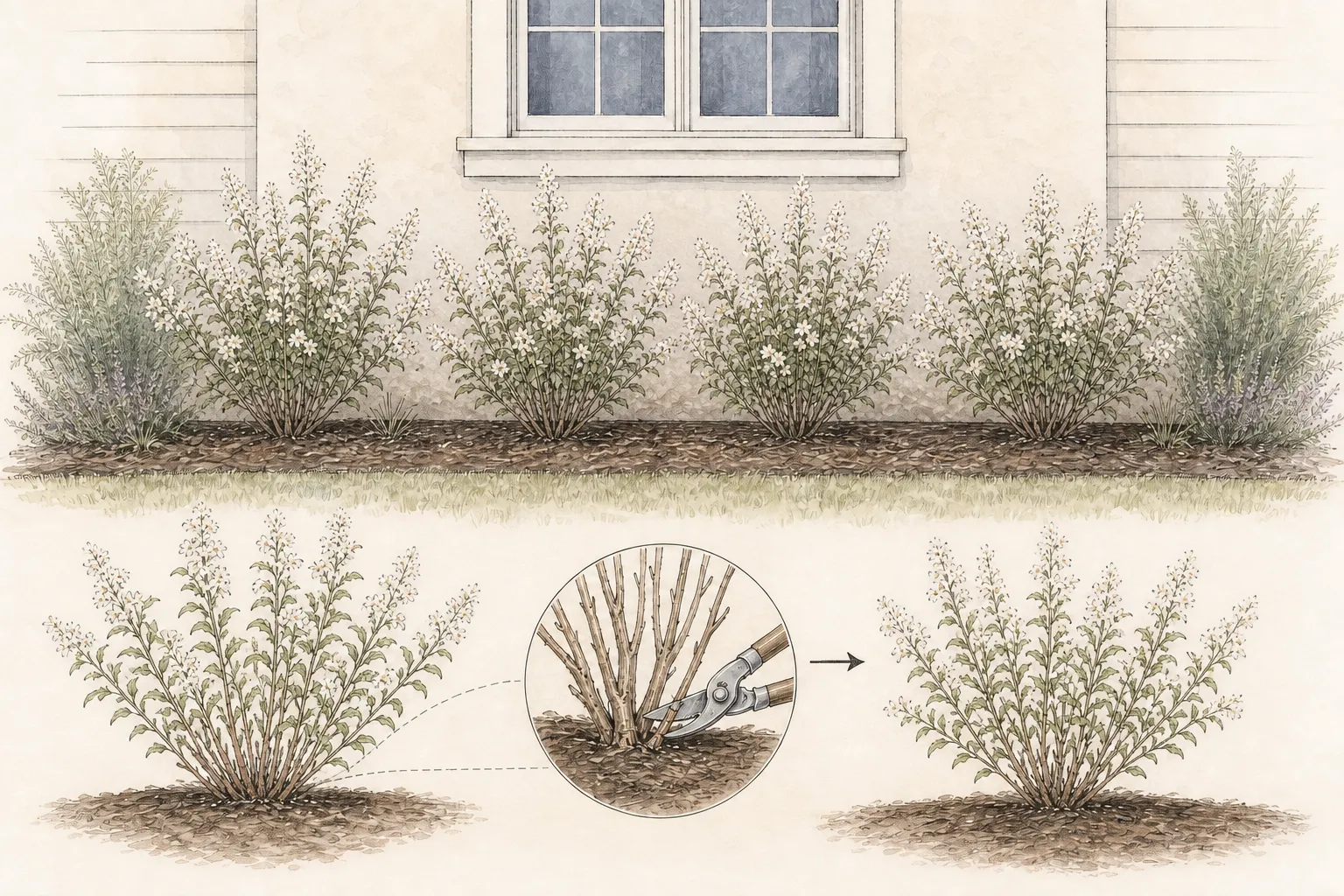 Repeated low shrubs beneath a window with an inset showing old canes removed at ground level after flowering
