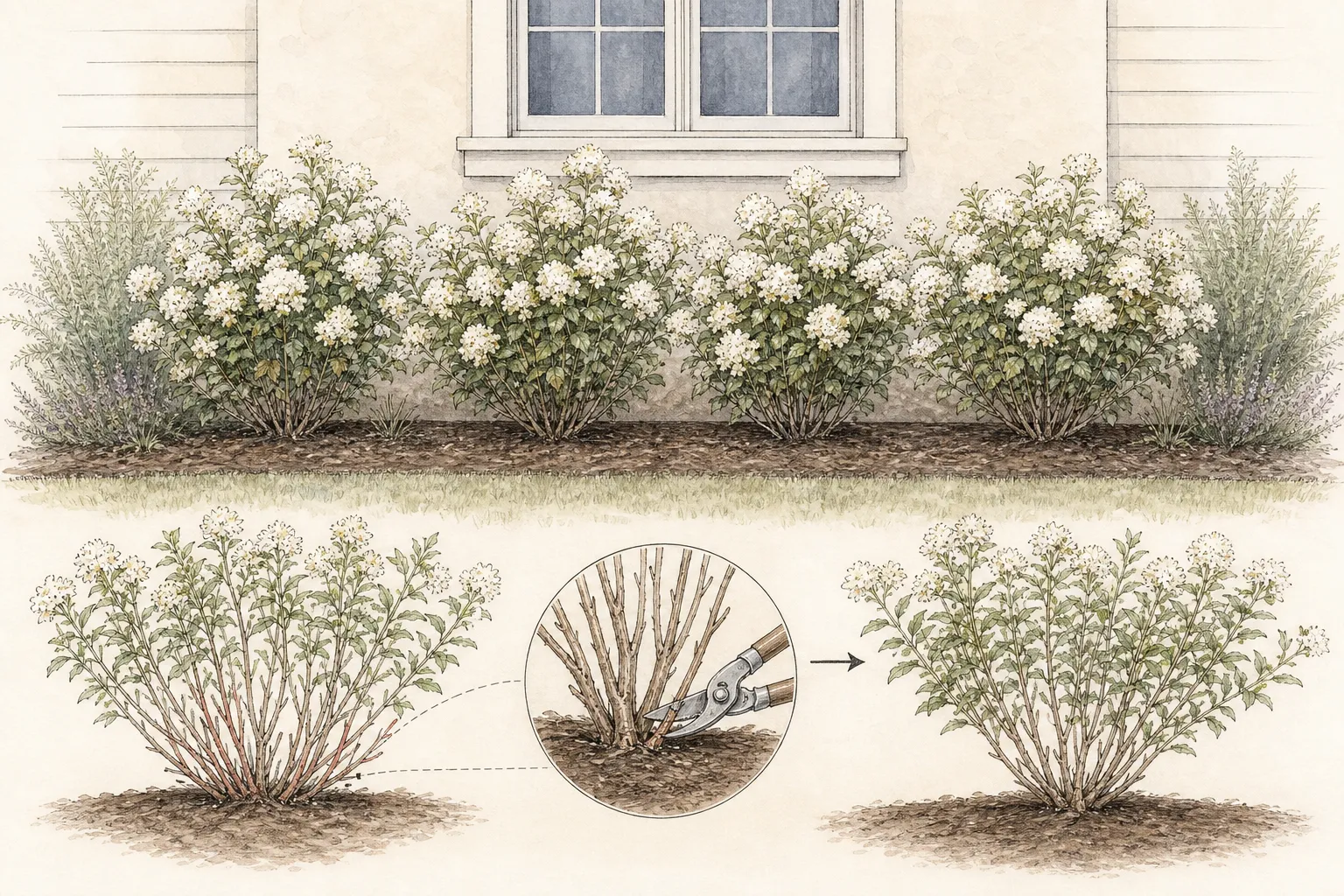Garden study showing the placement and growth habit of Slender Deutzia