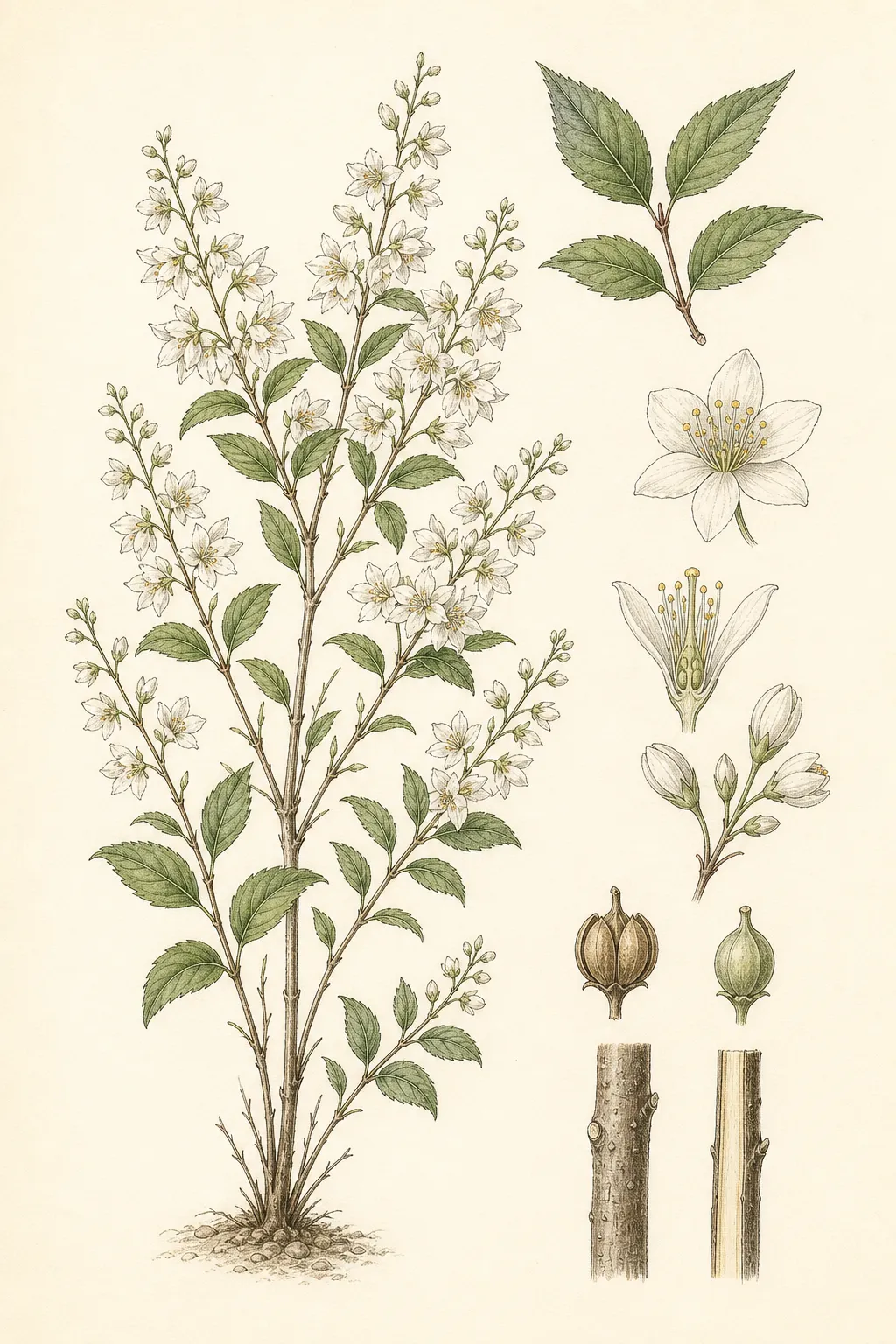 Botanical identification plate of Slender Deutzia, Deutzia gracilis