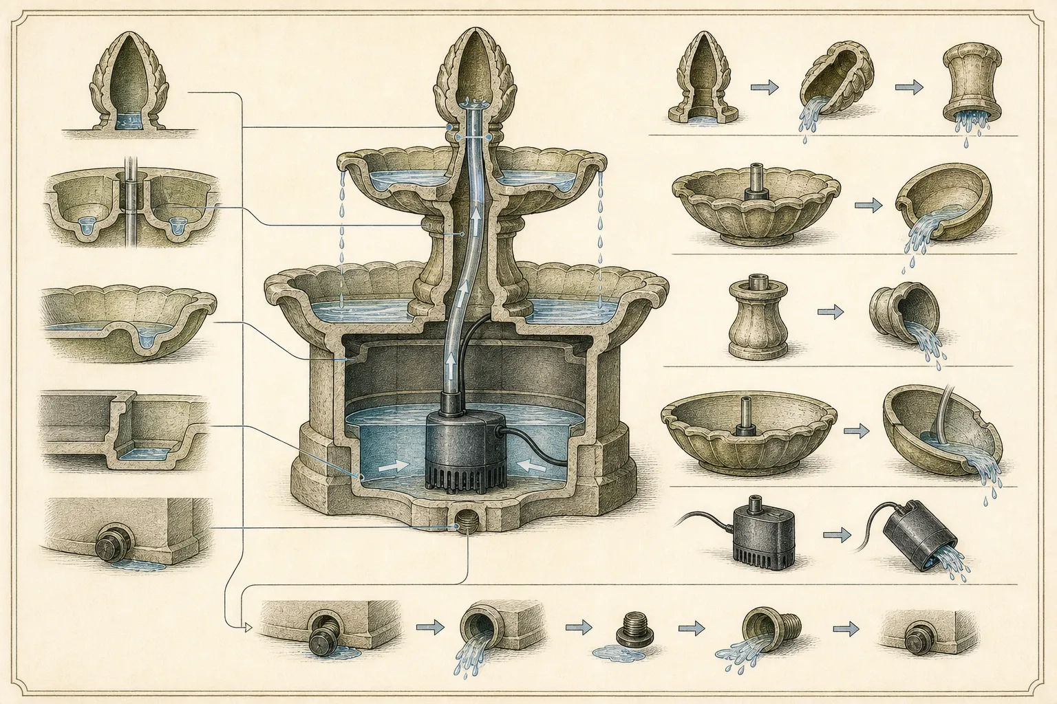 Cutaway drawing of a small recirculating fountain with arrows tracing water from the upper bowl through tubing and pump to low drain pockets