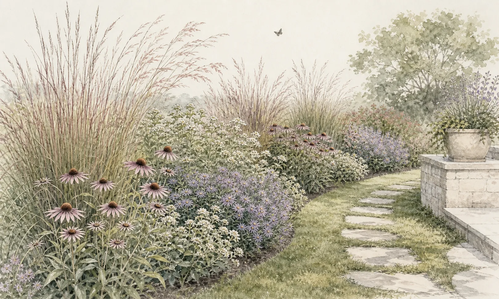Garden-scale ornamental meadow with repeated grasses and flowering perennials beside a terrace and crisp maintained edge