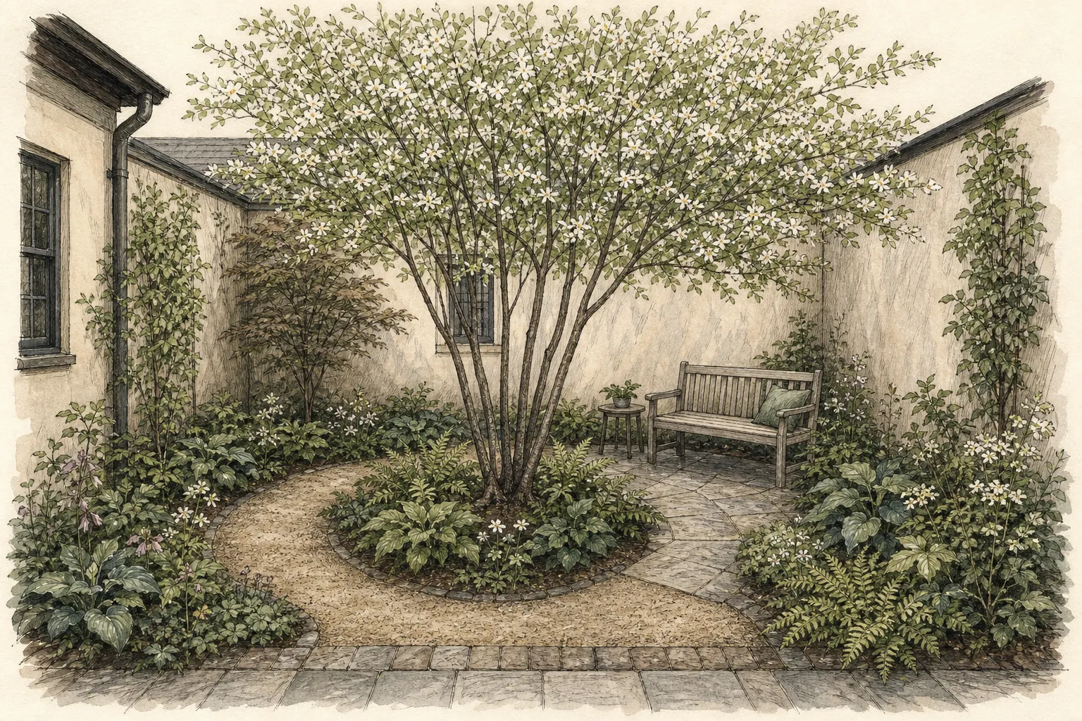 Oblique garden elevation showing one small flowering tree organizing a paved courtyard with restrained shrubs and perennials