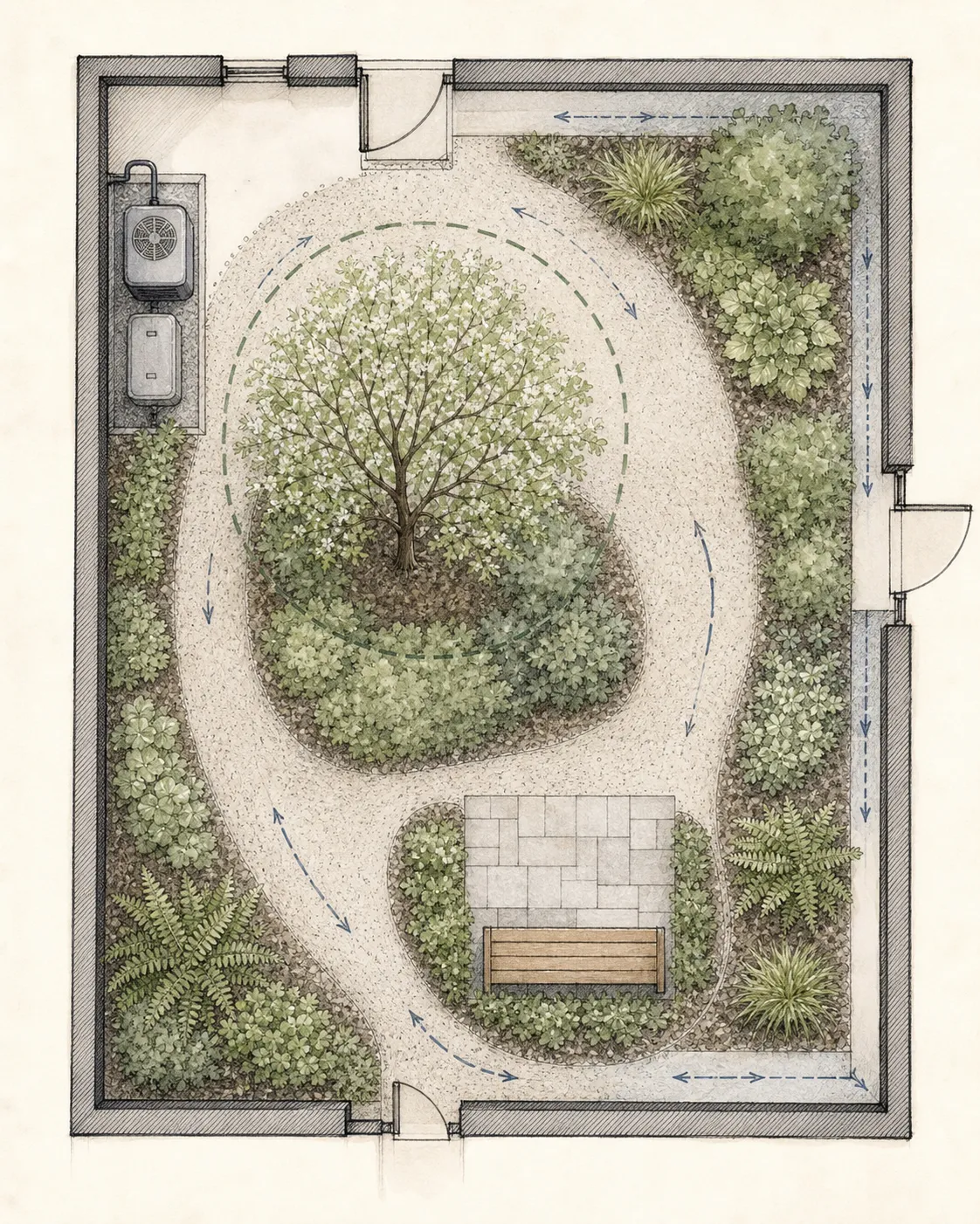 Overhead courtyard plan showing mature canopy diameter, broad root opening, circulation route and repeated understory groups