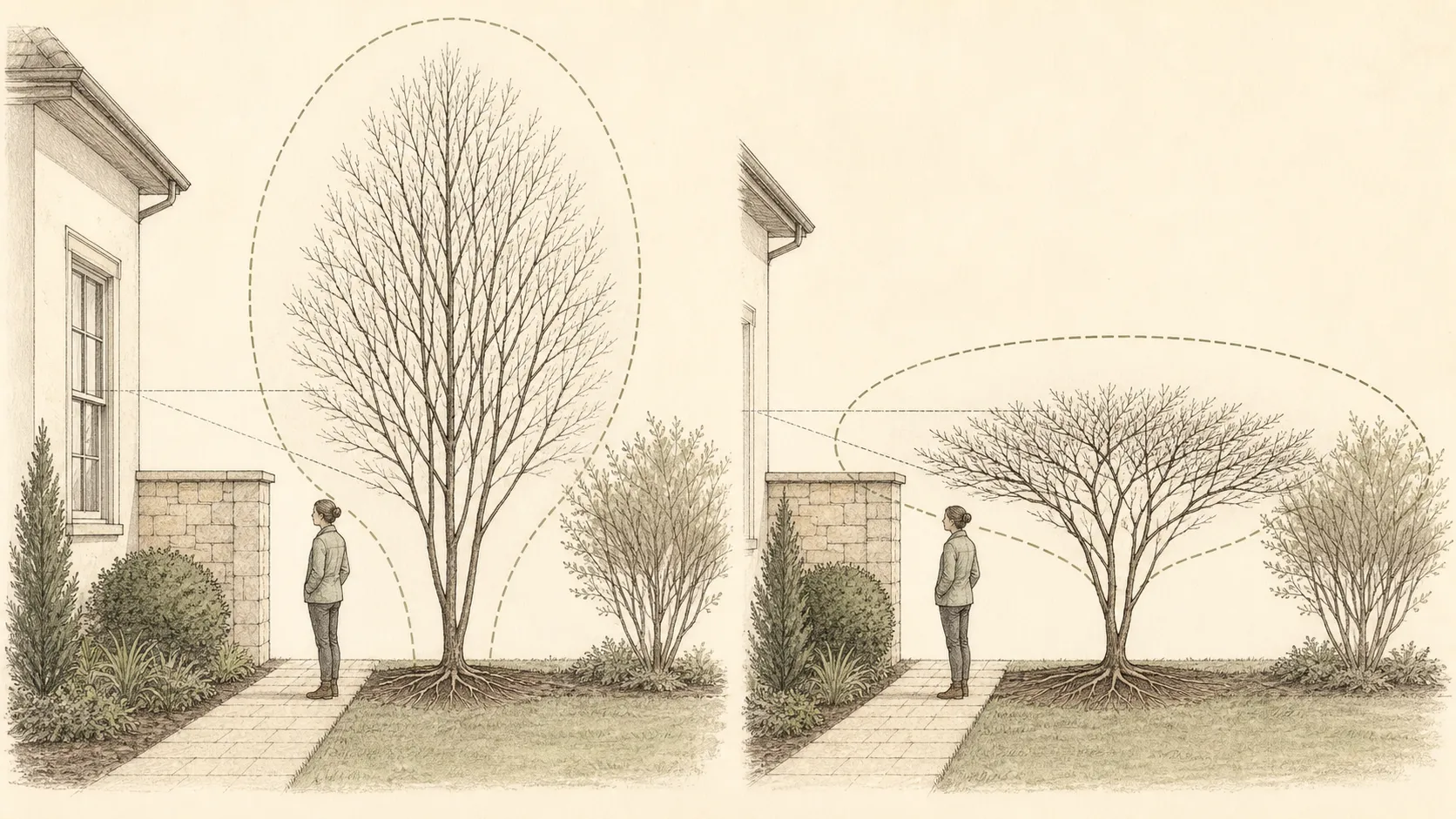 Garden elevation comparing upright and spreading mature tree envelopes beside a path, wall, window, and shrubs