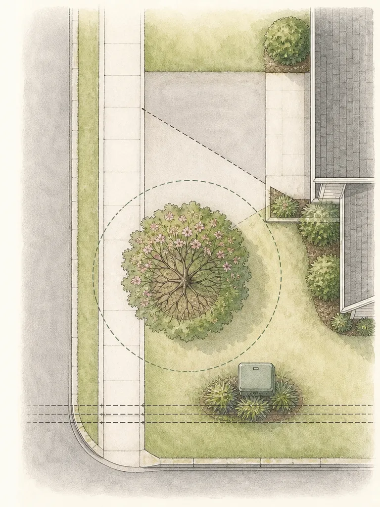 Three complete ornamental tree silhouettes are compared against the same constrained site for mature height, crown width, branch form, roots, and seasonal litter