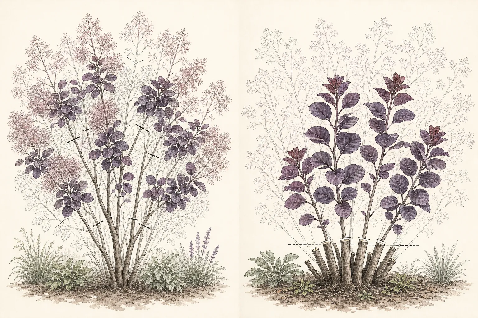 Comparison of a lightly thinned flowering smoke bush and a stool-pruned smoke bush producing tall shoots with oversized purple leaves