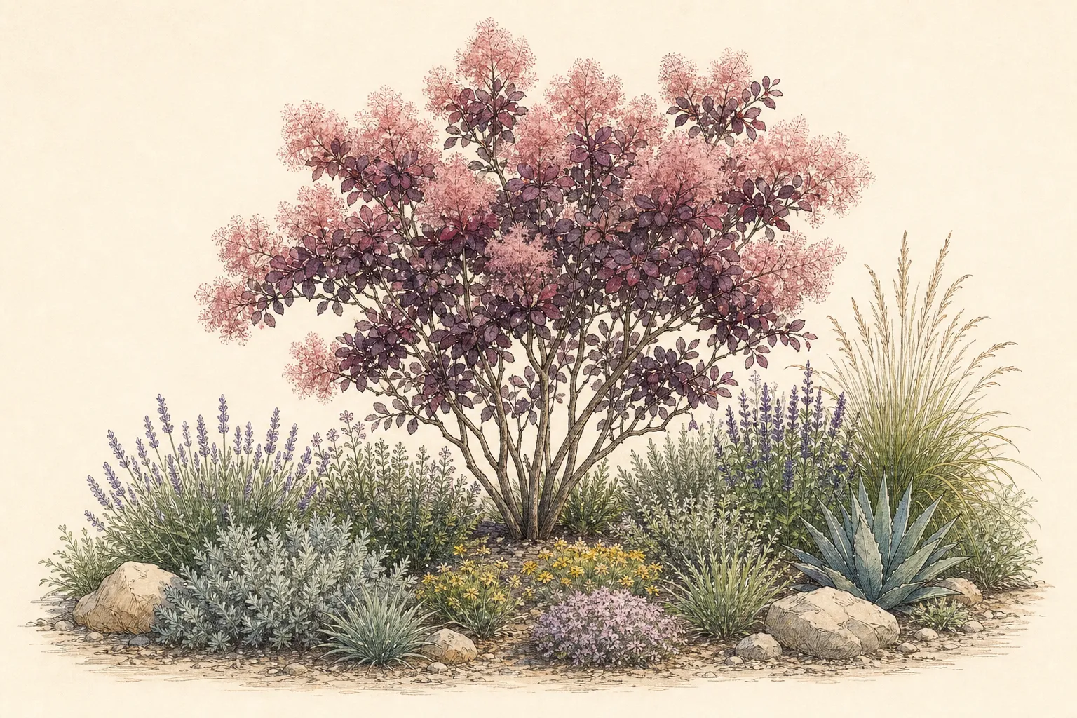 Garden placement study showing mature Smokebush in an ornamental planting