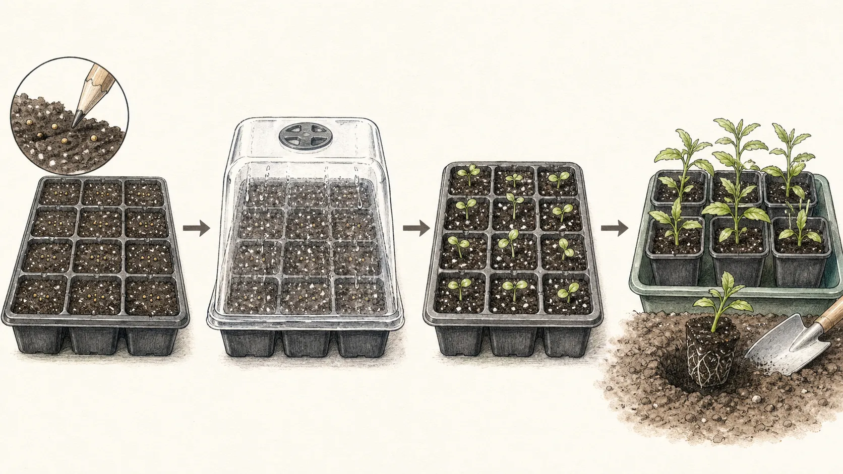Botanical sequence showing fine snapdragon seed surface-sown, germinating under light, thinned, and grown into a compact transplant
