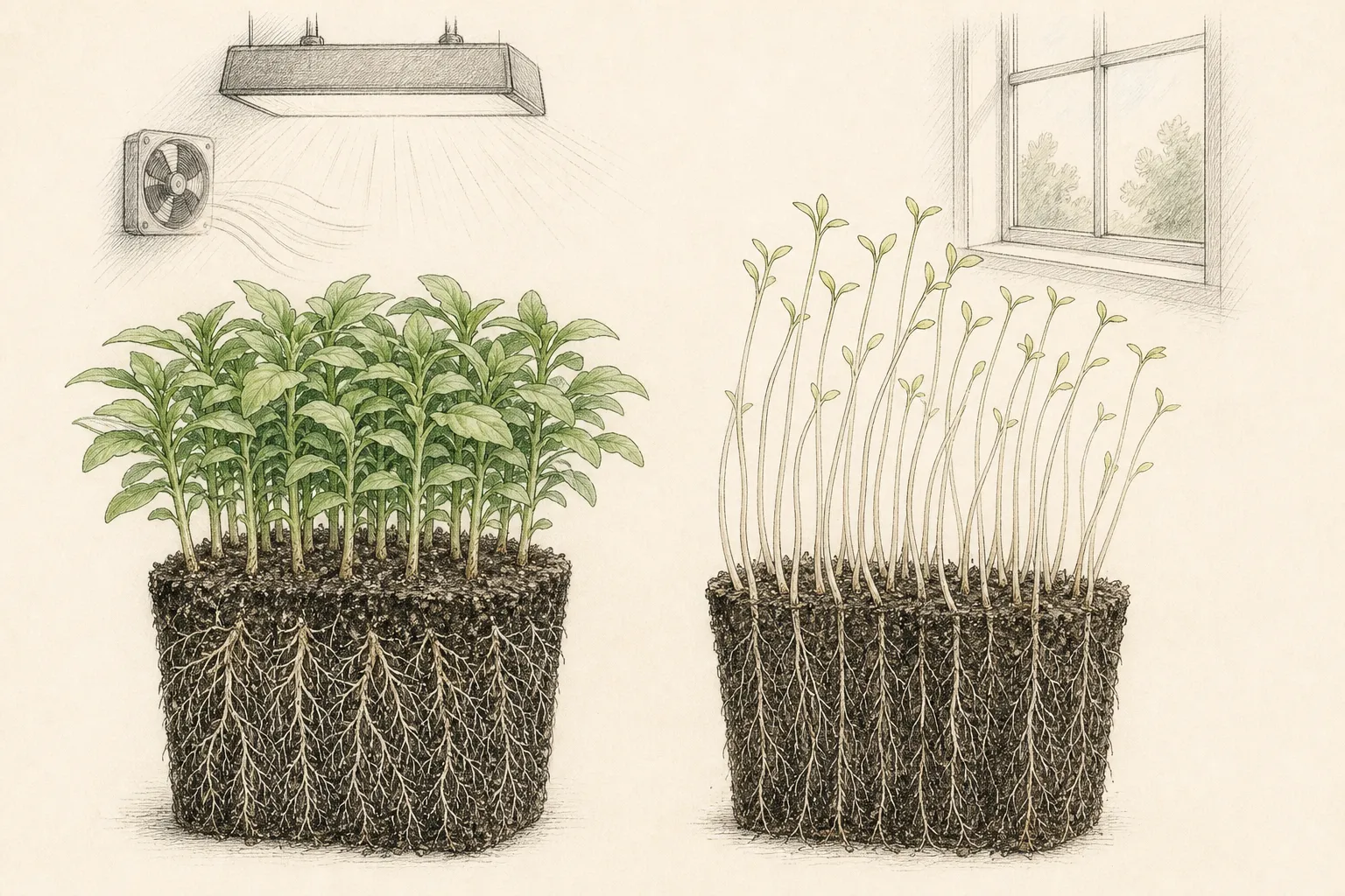 Comparison of compact snapdragon seedlings under close bright light and stretched pale seedlings under weak distant light