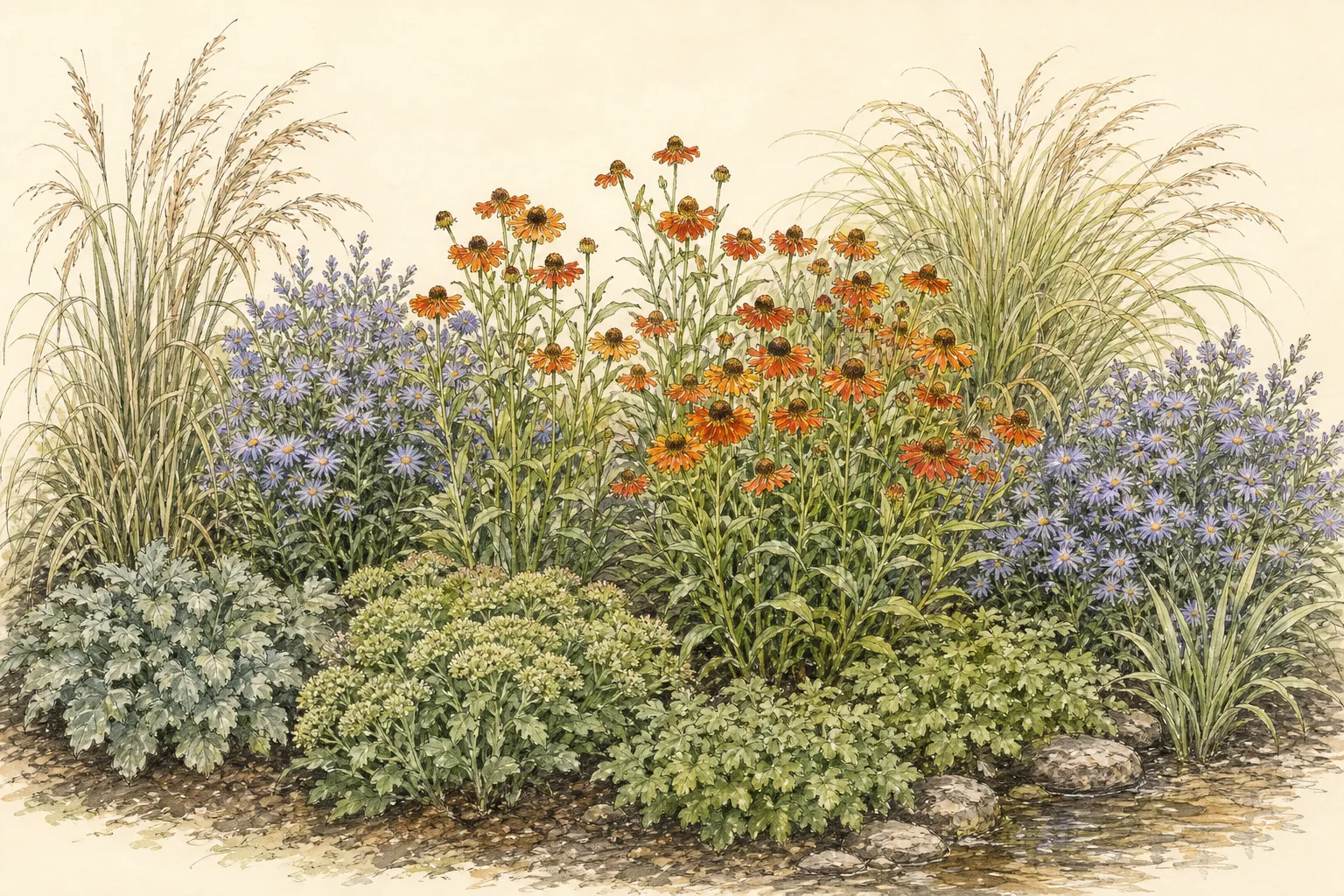 Garden placement study showing mature Sneezeweed in an ornamental planting