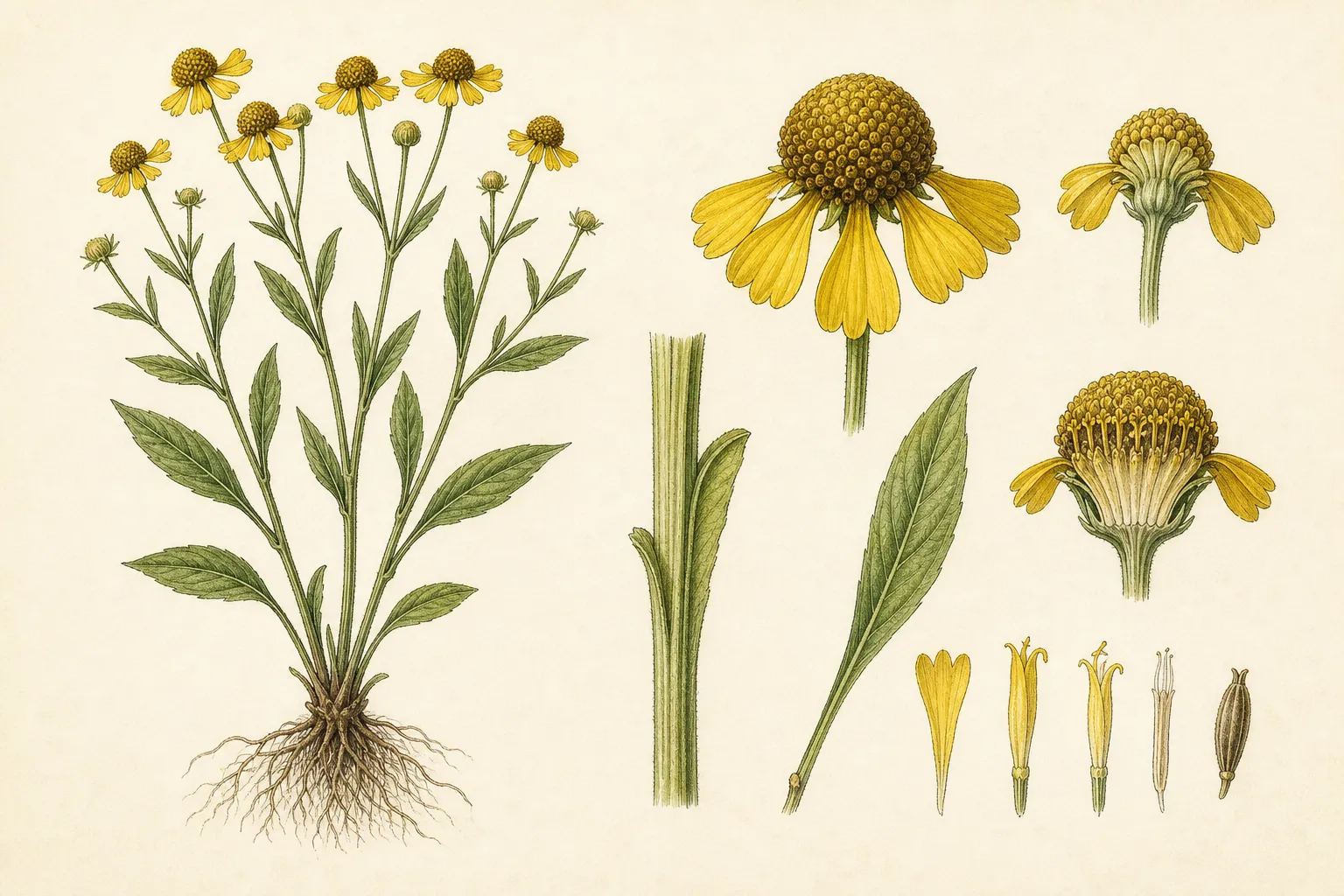 Botanical identification plate of Sneezeweed, Helenium autumnale