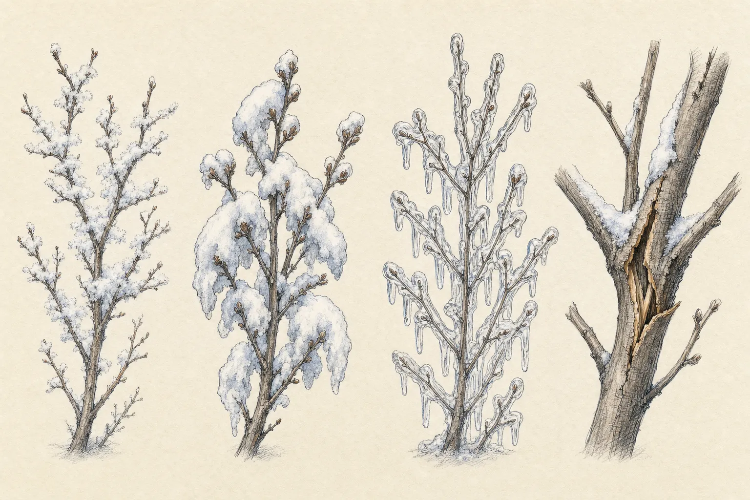 Comparison of loose powder on a shrub, wet adhered snow, clear ice glaze, and a cracked branch union marked for later pruning