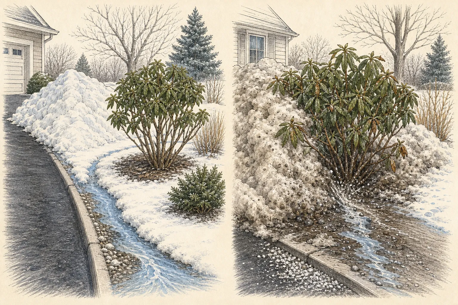 Comparison showing a clean snow pile stored away from an ornamental shrub and a dirty salt-laden pile pressed against shrub branches and root zone beside pavement runoff