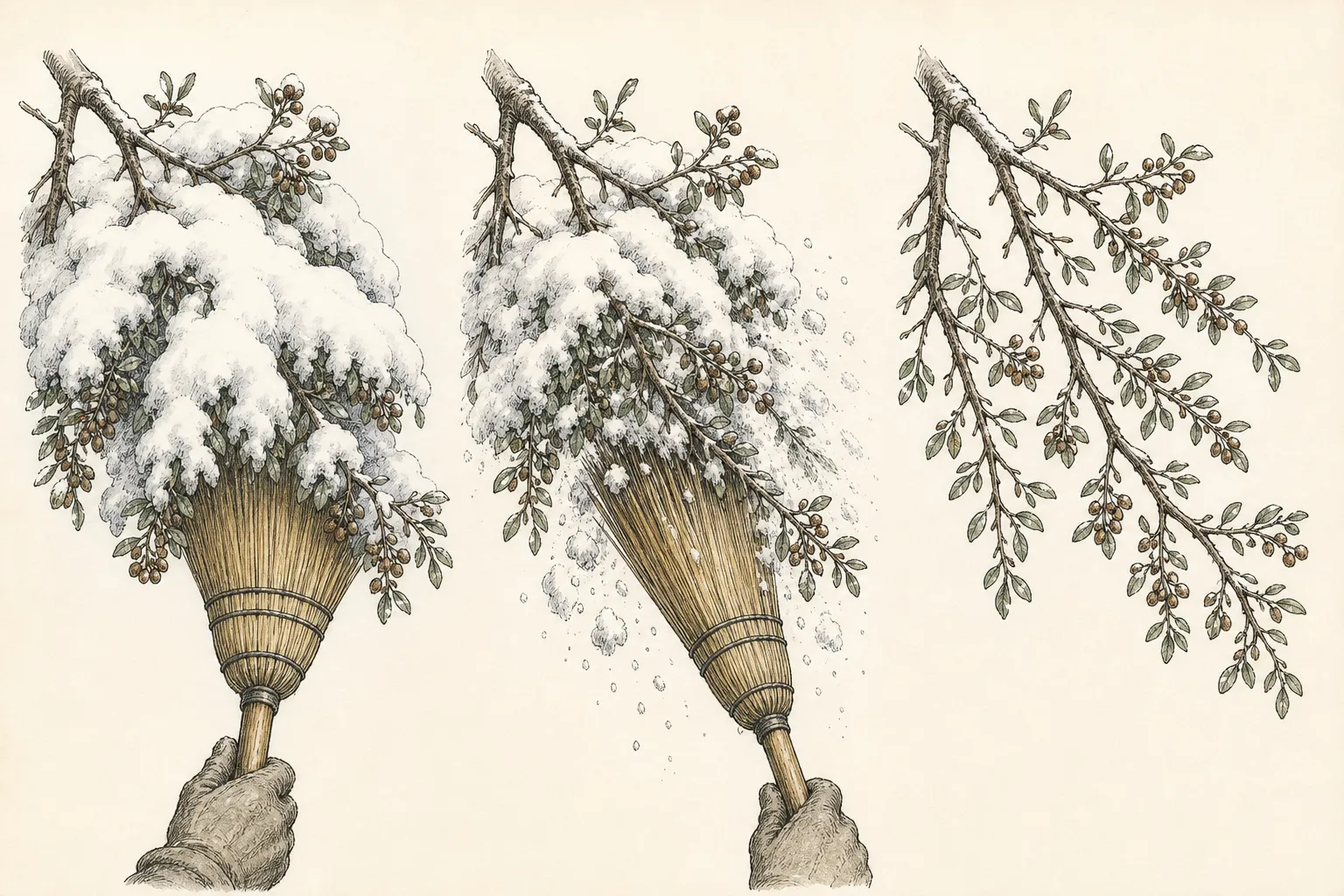 Sequence showing a soft broom supporting a snow-loaded shrub branch from below, loose snow brushed off in small upward passes, and the branch left unforced after release