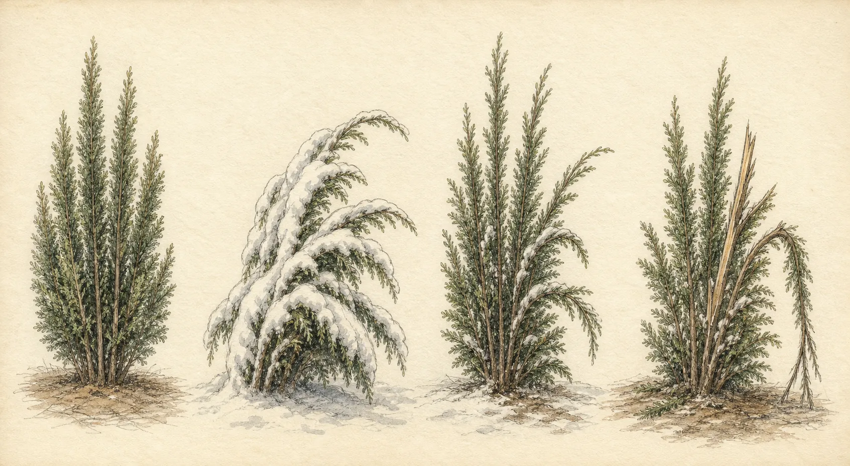 Diagnostic comparison of an evergreen branch bent under snow, a clean break, a split crotch, and a stem returning after thaw