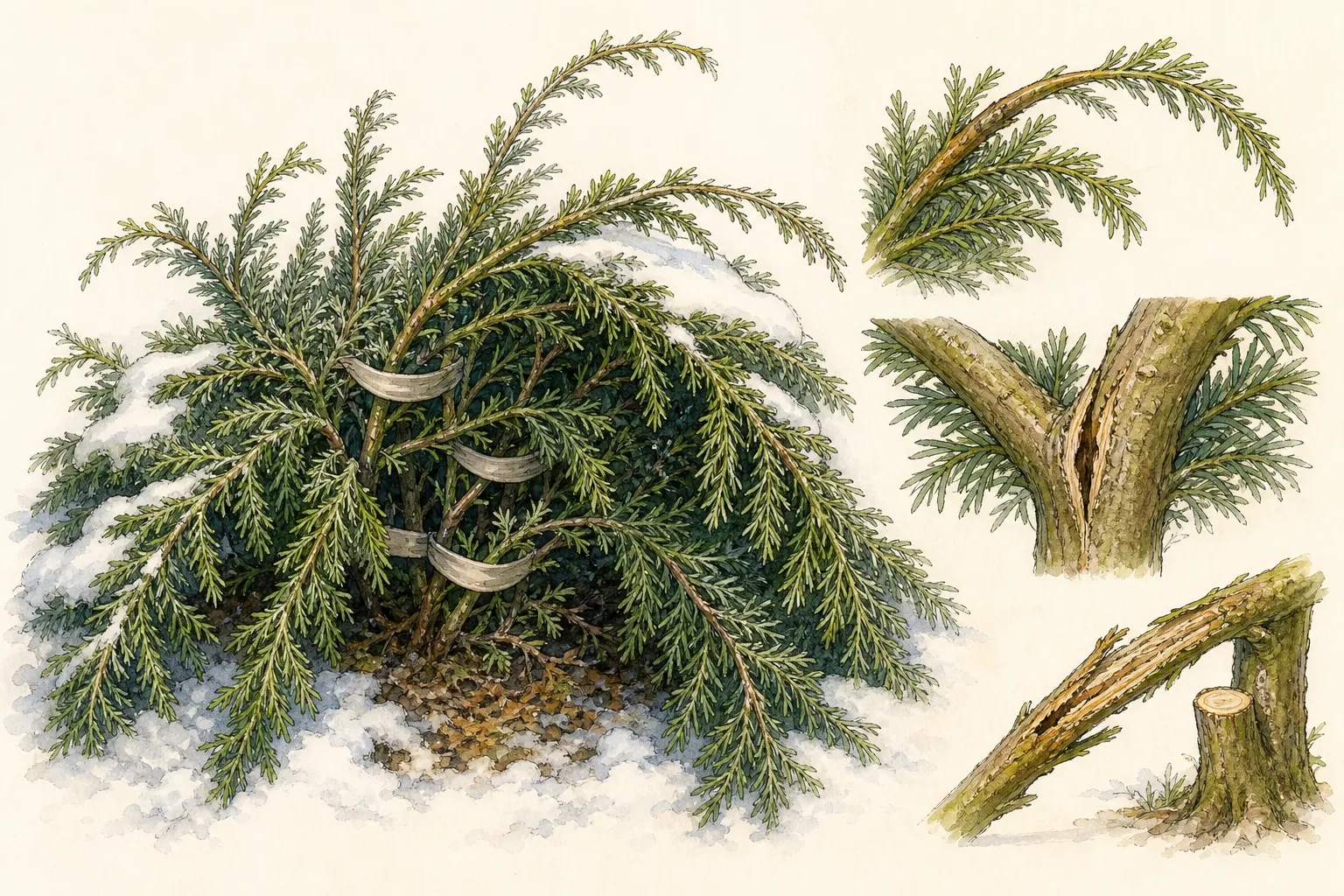 Recovery sequence showing loose snow removed upward, a broken stem pruned at its origin, and sound branches held with broad temporary support