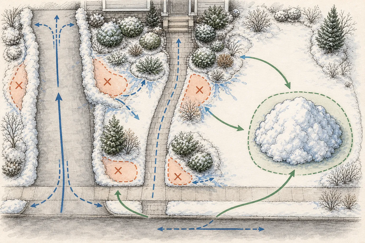 Winter site plan showing driveway and walk clearing routes, shrub beds near the house, unsafe pile positions close to shrubs, and one designated snow storage zone set away from the planting