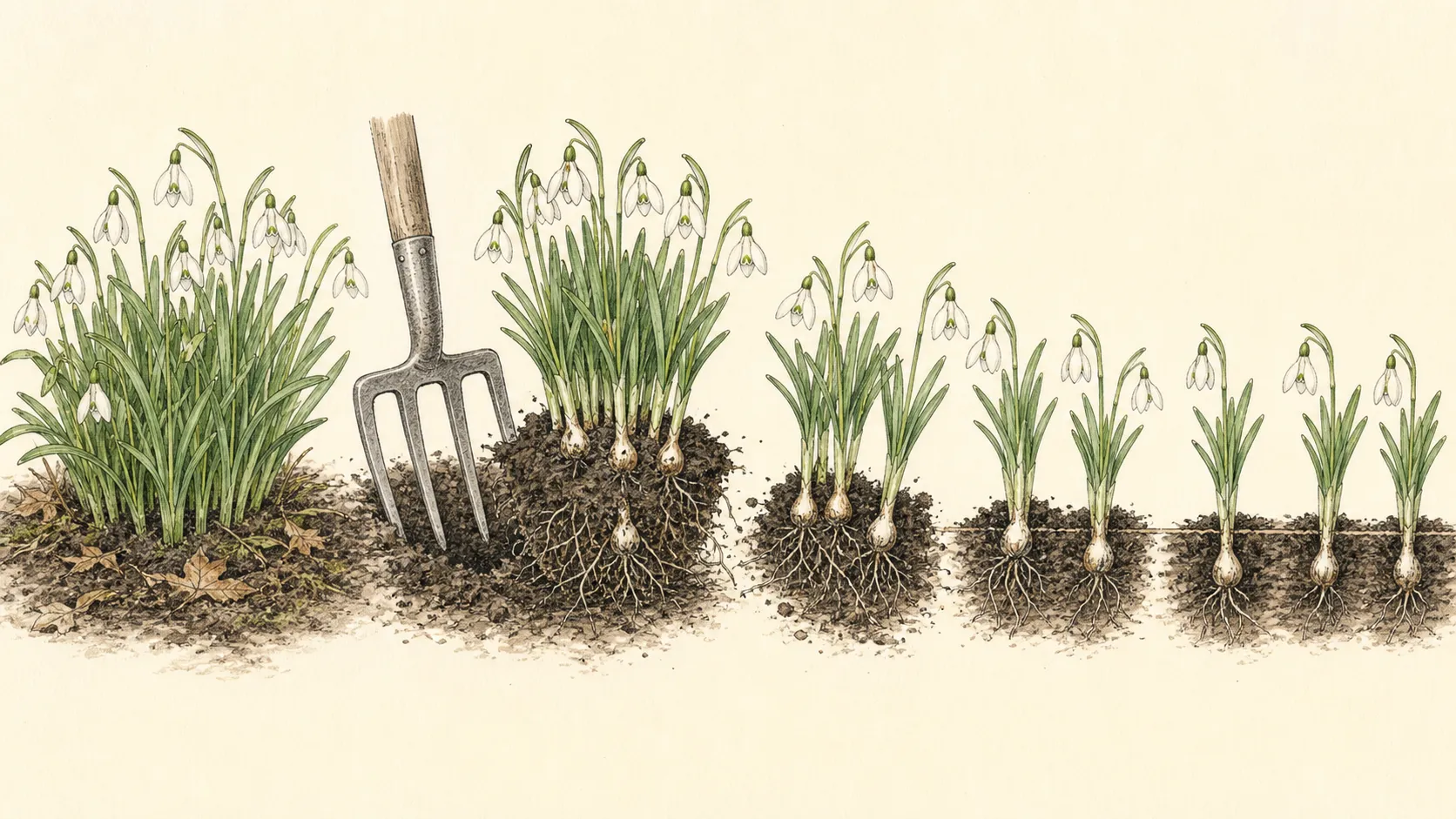 Continuous sequence showing a green snowdrop clump lifted, eased into rooted groups and replanted at the previous soil mark