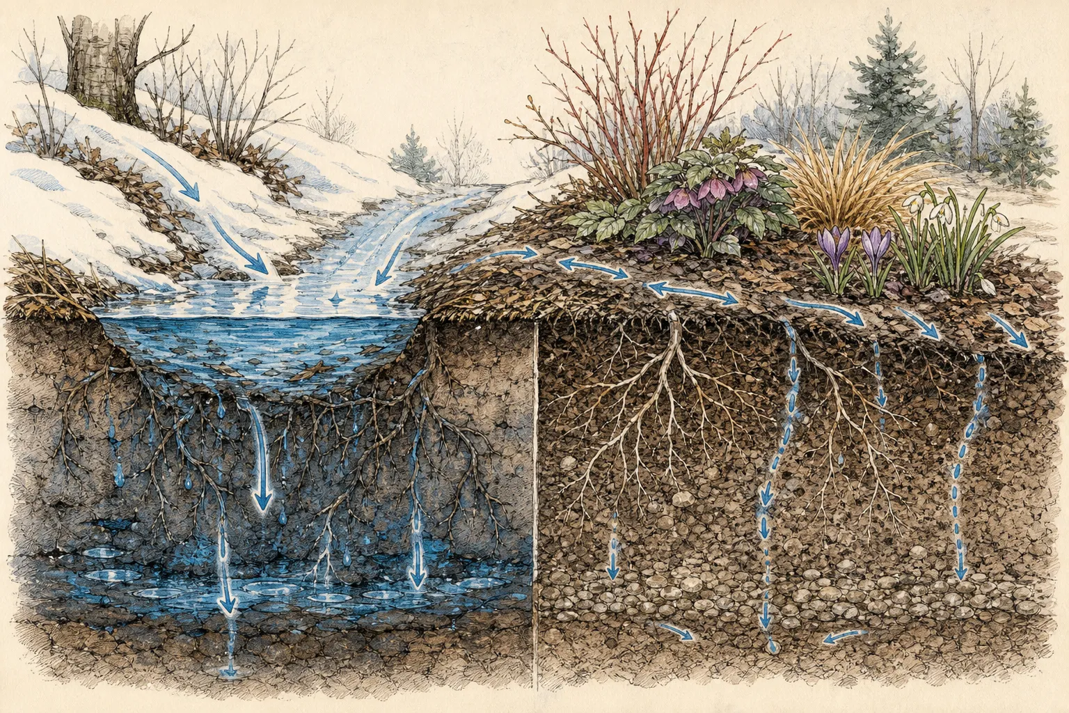 Cross-section comparison of a saturated snowmelt chute with standing water versus a better-drained shoulder bed where ornamental roots sit above the main runoff path