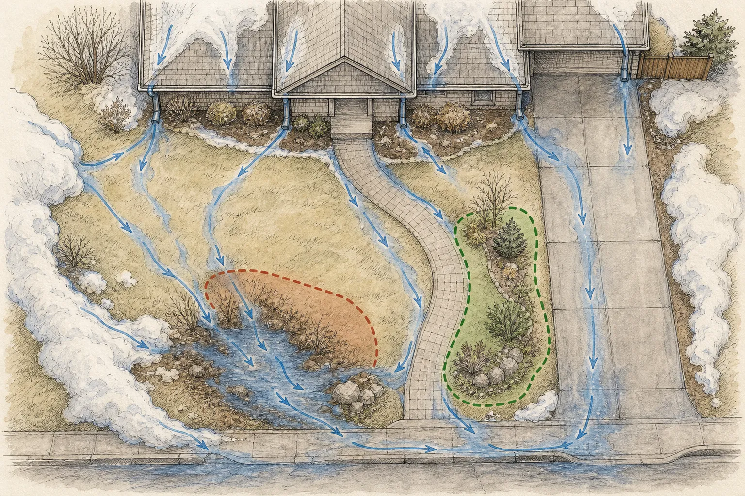 Overhead thaw-season site map showing roof runoff, walkway and driveway melt paths, one ponding basin, and a safer shoulder location for a new ornamental bed
