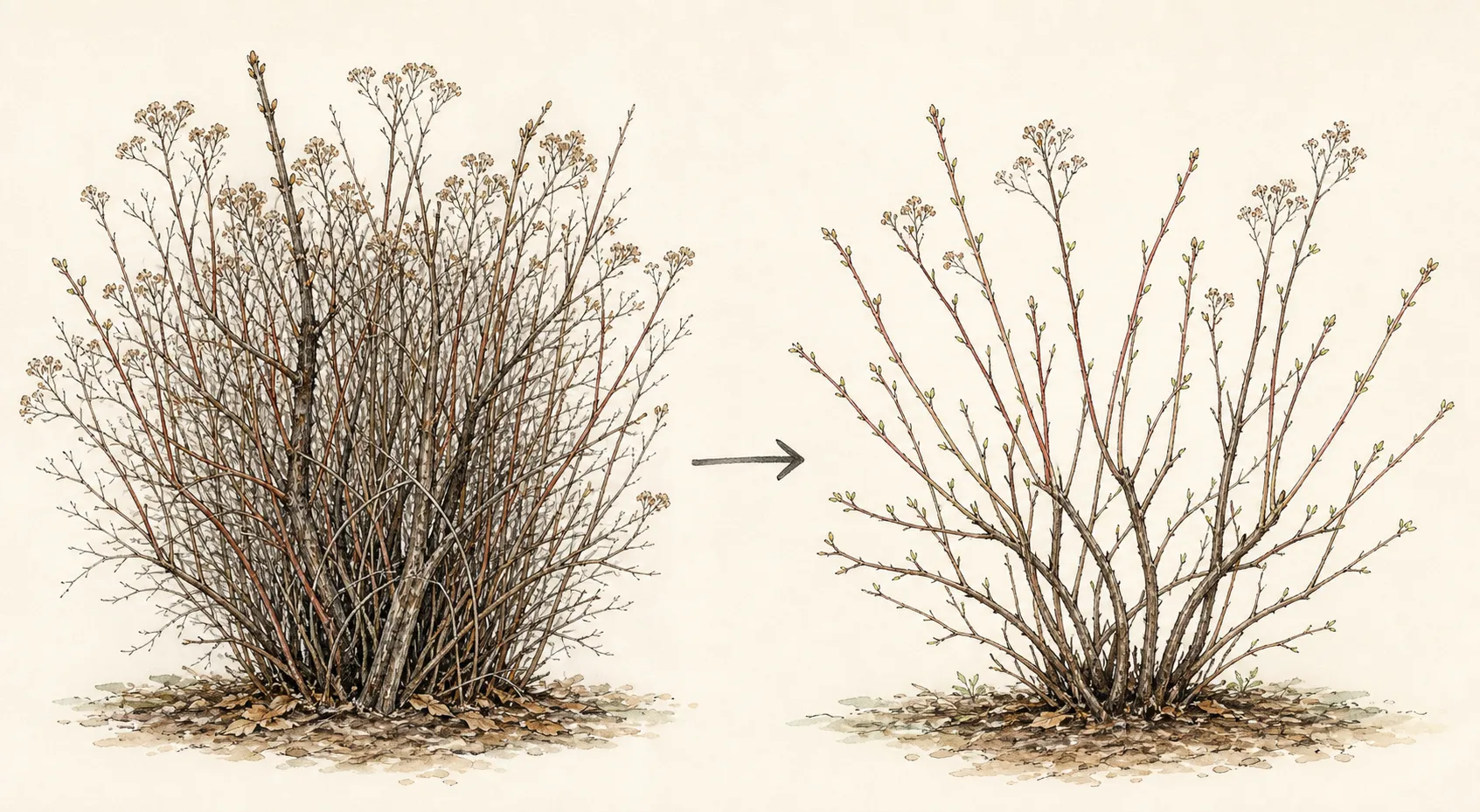 Before-and-after botanical comparison of a congested summer-flowering spirea and an open renewed framework