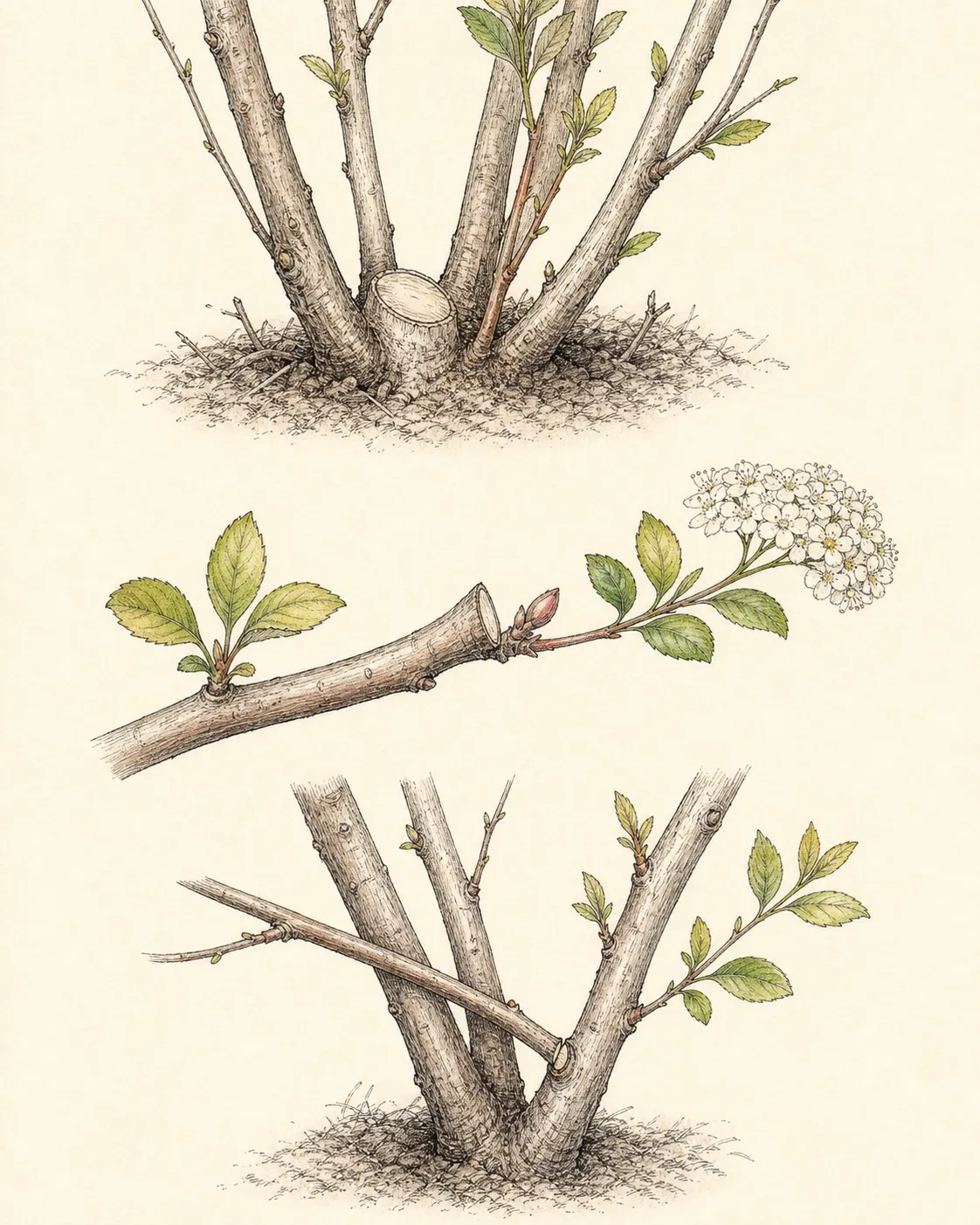 Close botanical details showing an old cane removed at the base and a young stem shortened to an outward branch