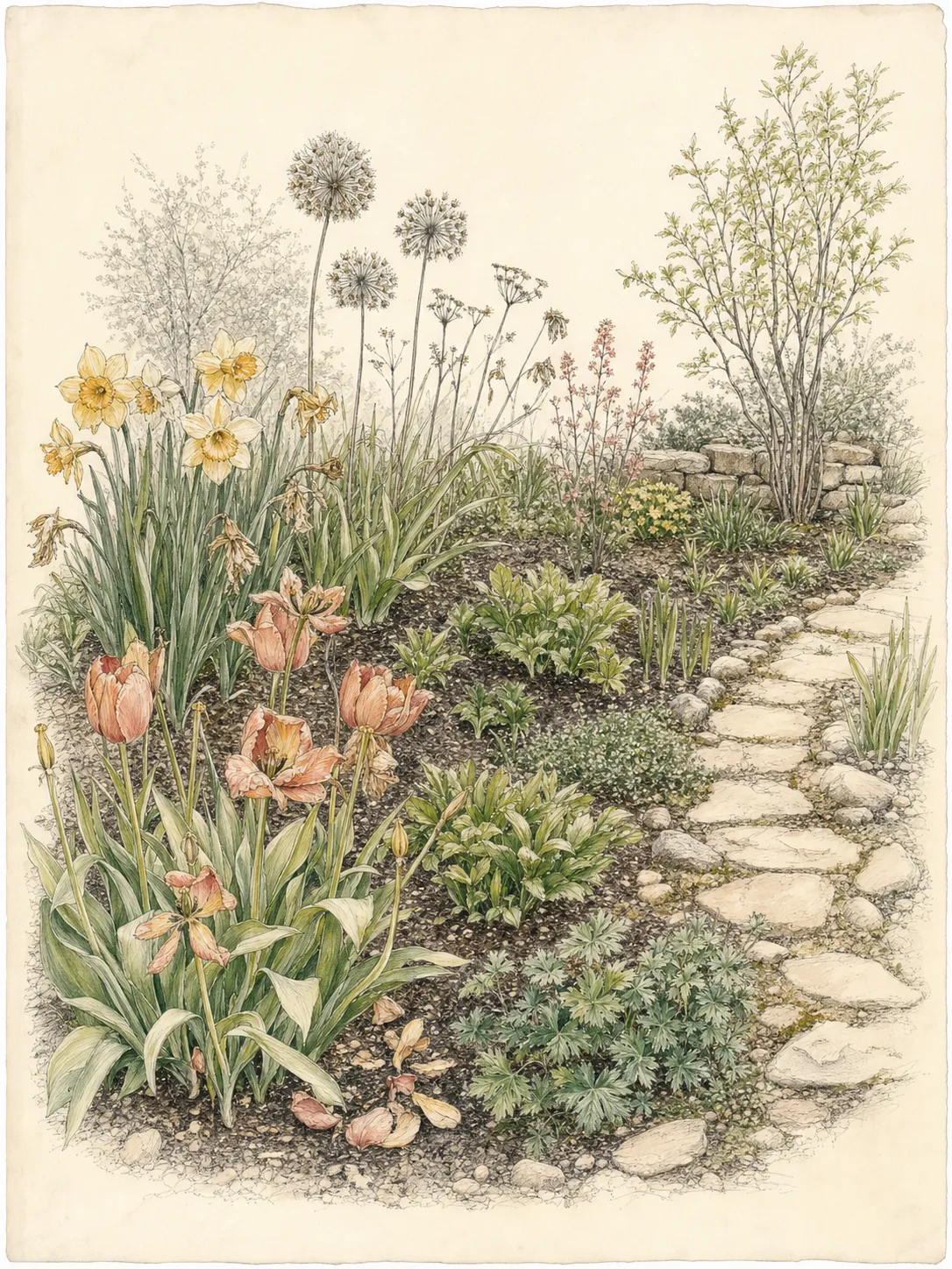 Late-spring border with fading tulips and daffodils, emerging perennials, visible gaps and intact seedheads