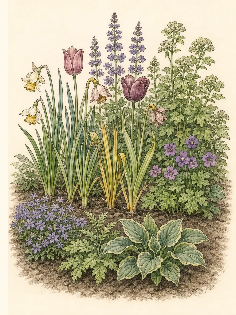 Spring bulb leaves remain open between emerging perennial mounds while a narrow stepping gap protects them from trampling