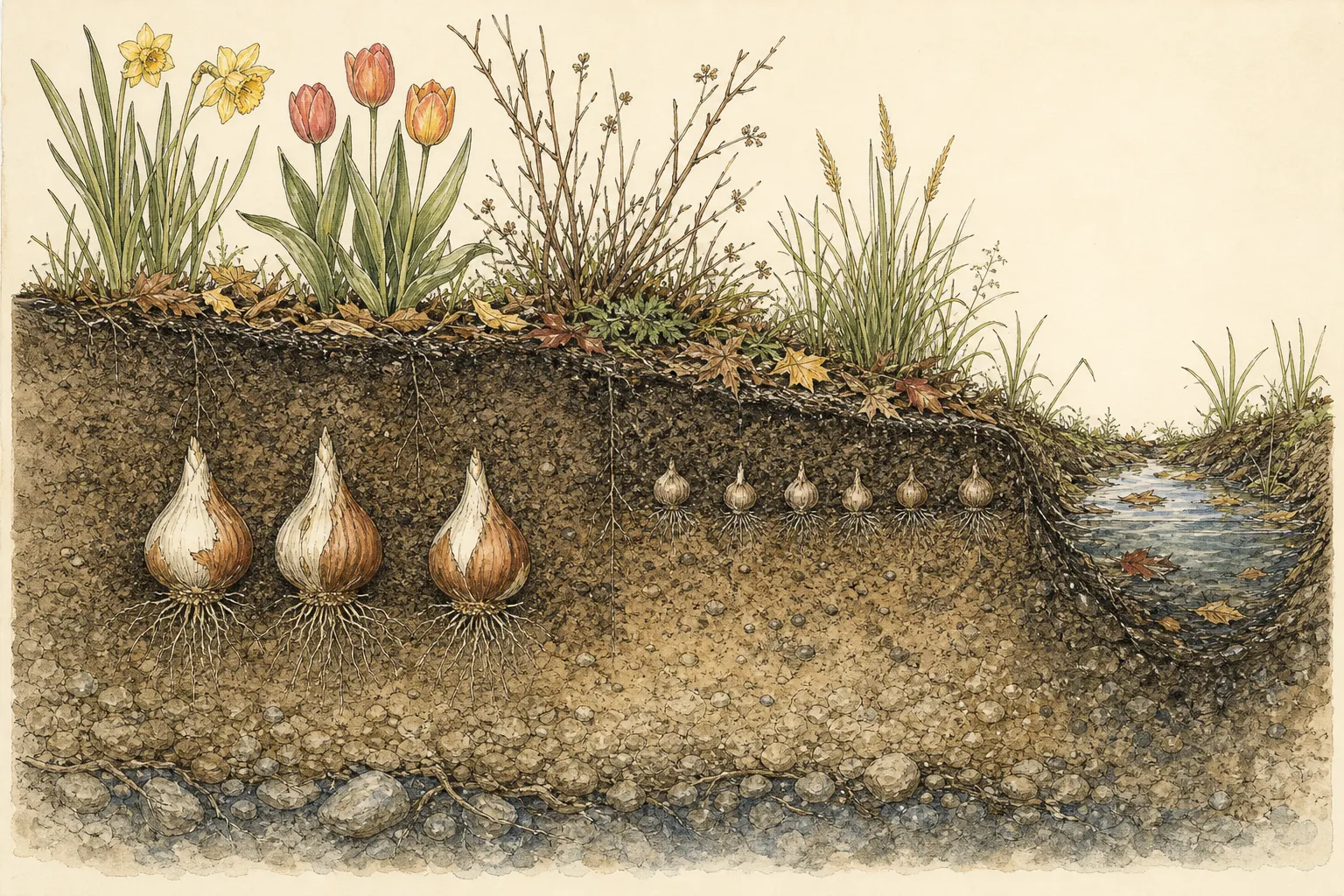 Soil cutaway with large bulbs planted deeply, small corms planted shallowly and a wet pocket beyond the draining bed