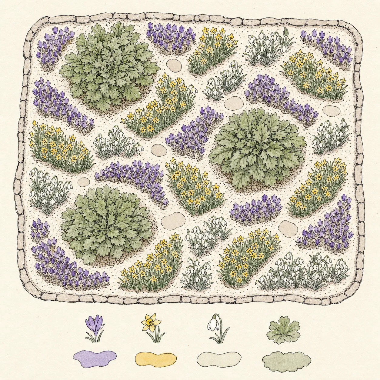 Overhead planting plan showing overlapping irregular bulb drifts repeated through a perennial border