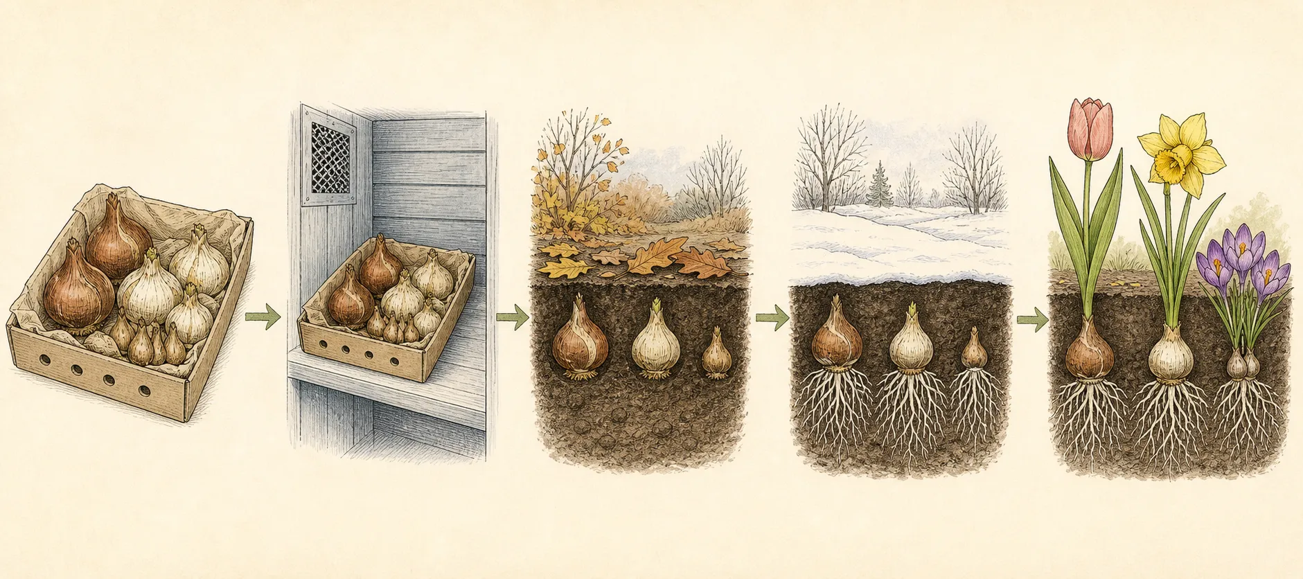 Five-stage sequence from delivered bulbs through cool storage, fall planting, winter root growth and spring flowers