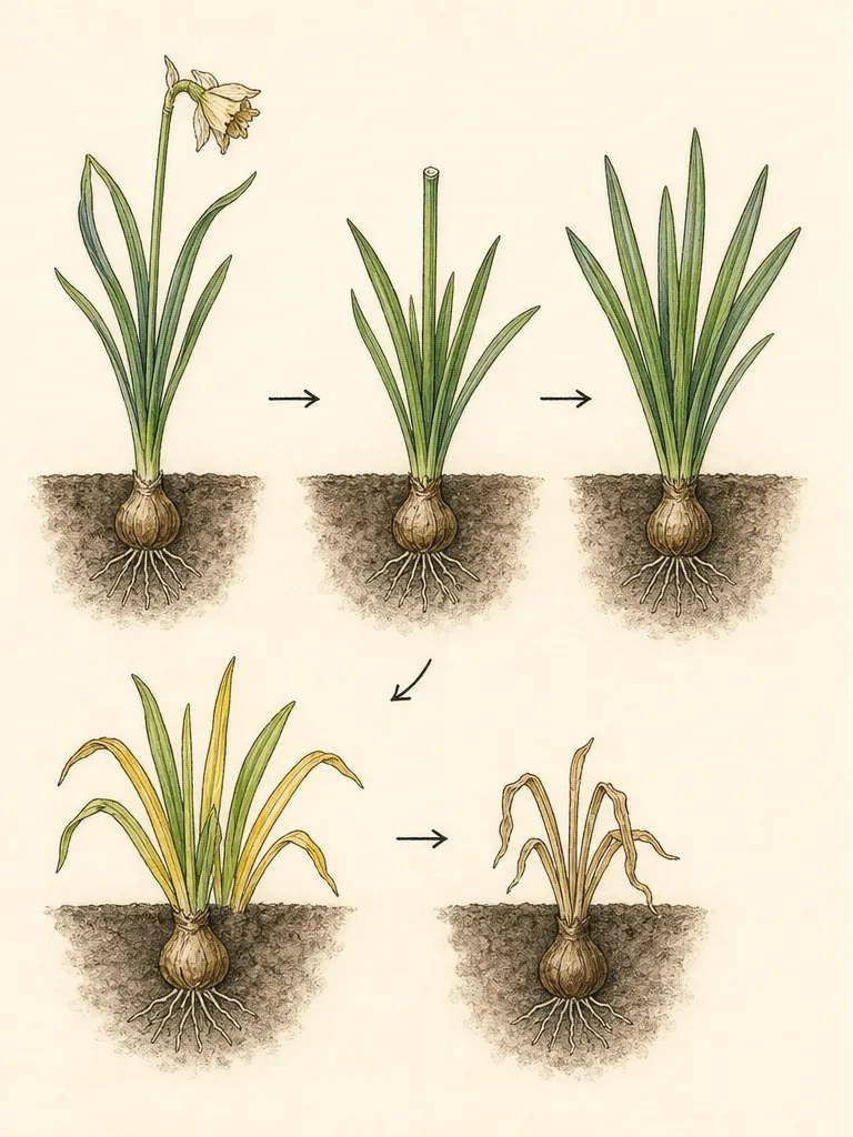 Four intact bulb foliage stages show green working leaves, gradual yellowing, straw-like collapse and clean dormant soil