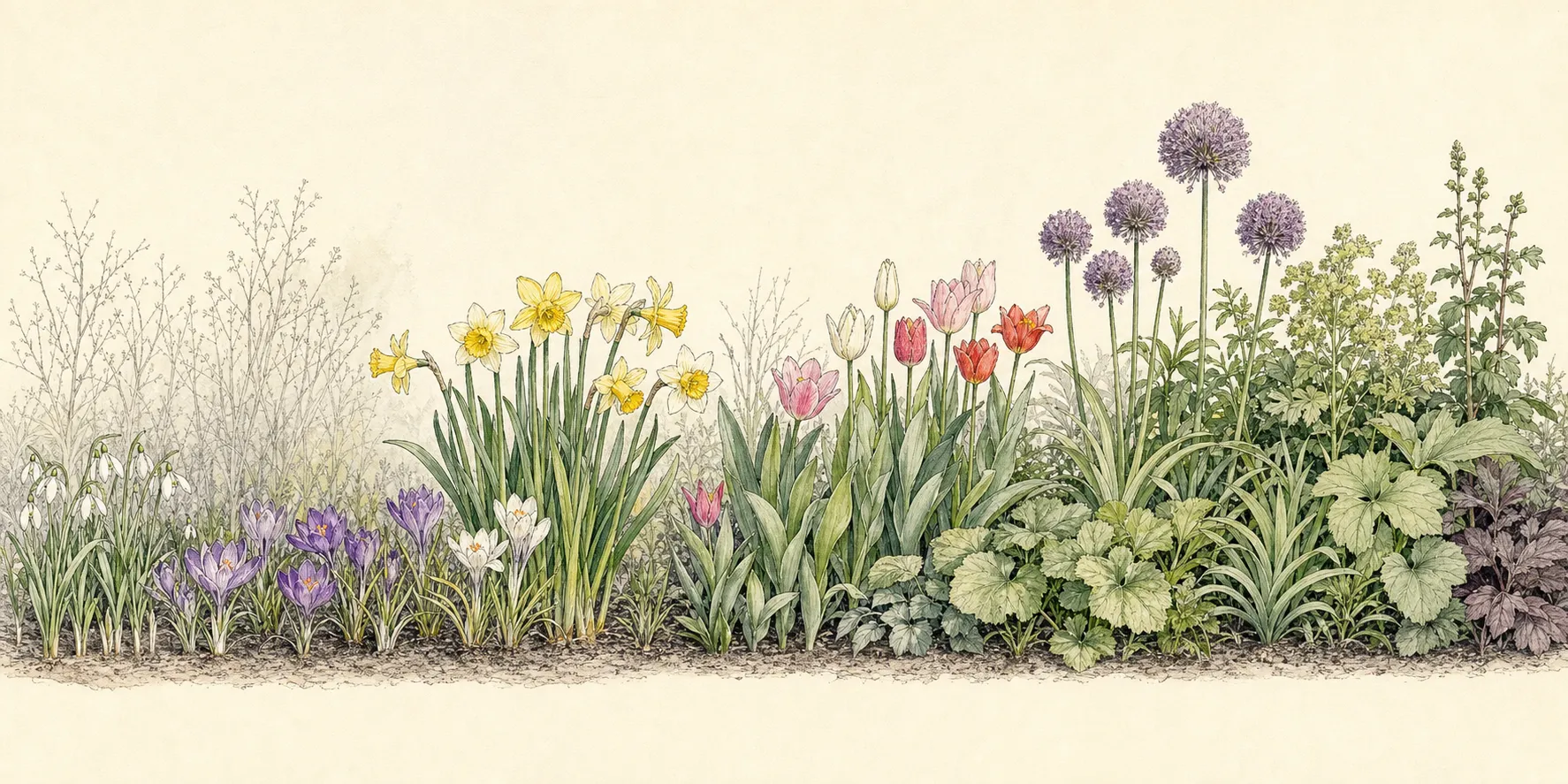 Border elevation showing early low bulbs, midseason tulips and daffodils, and later alliums rising through emerging perennials