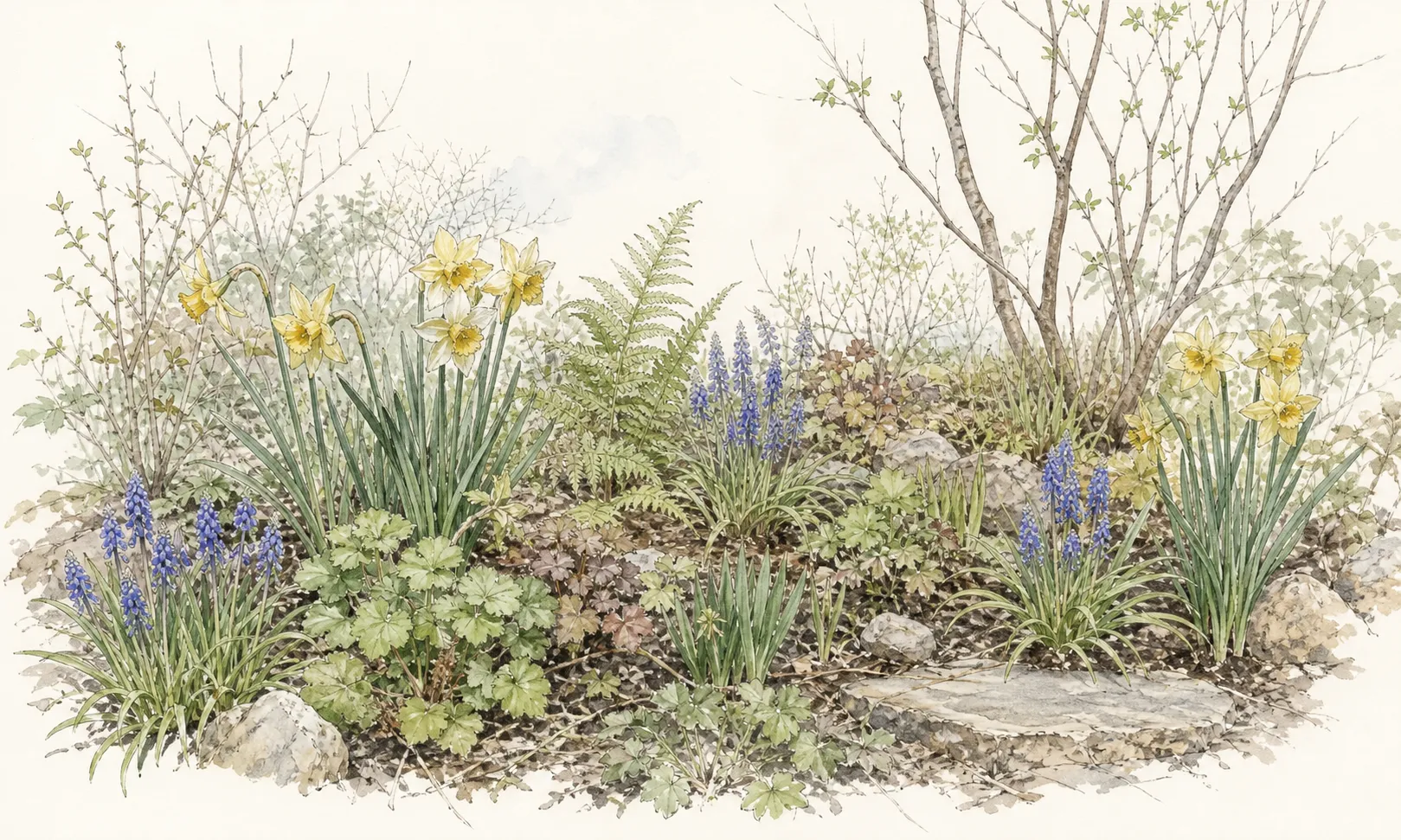 Spring border with small irregular daffodil and grape-hyacinth groups among emerging geranium and fern foliage