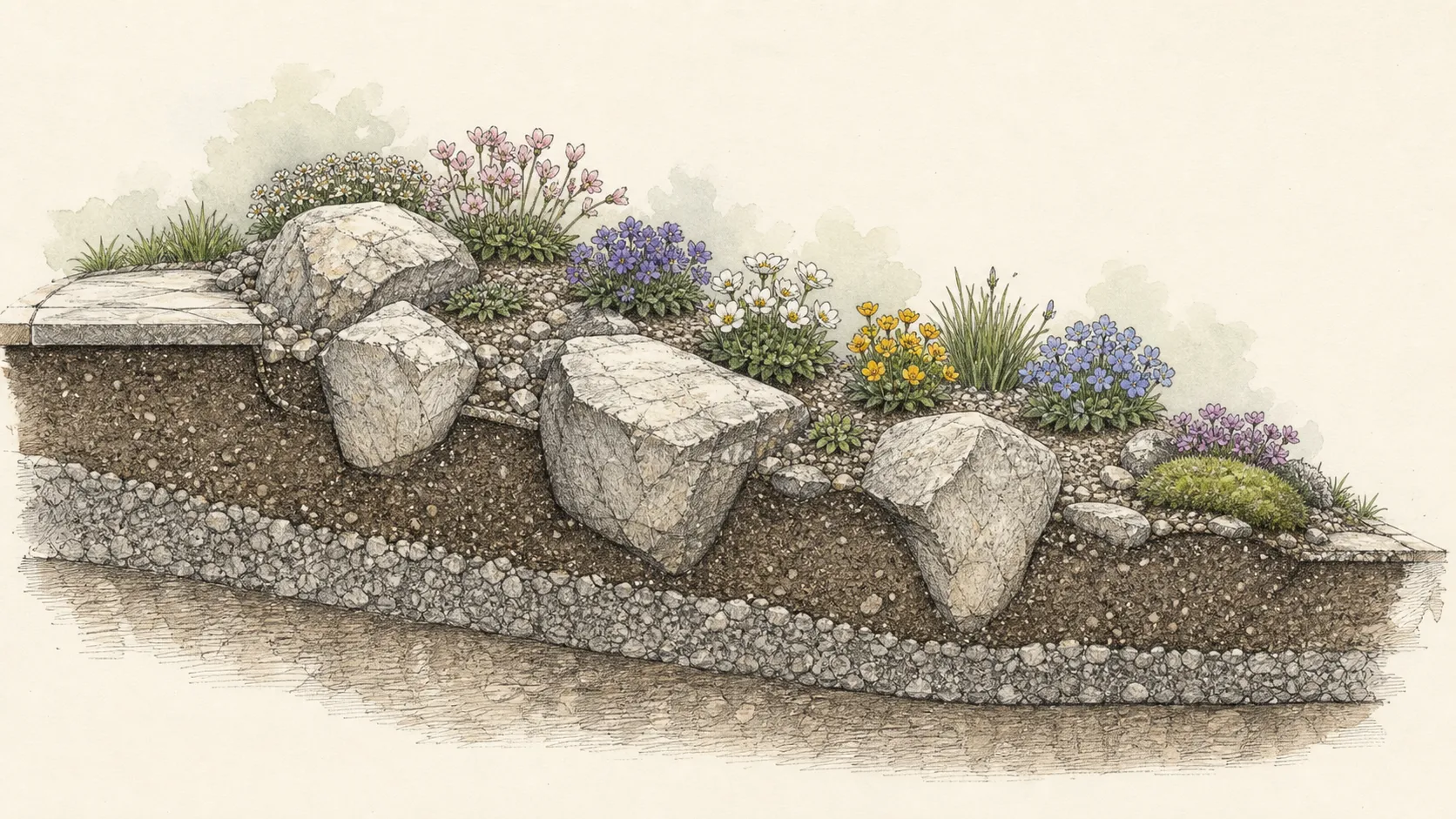 Rock garden cross-section with stones buried naturally, gritty planting pockets, draining sub-base and compact alpines