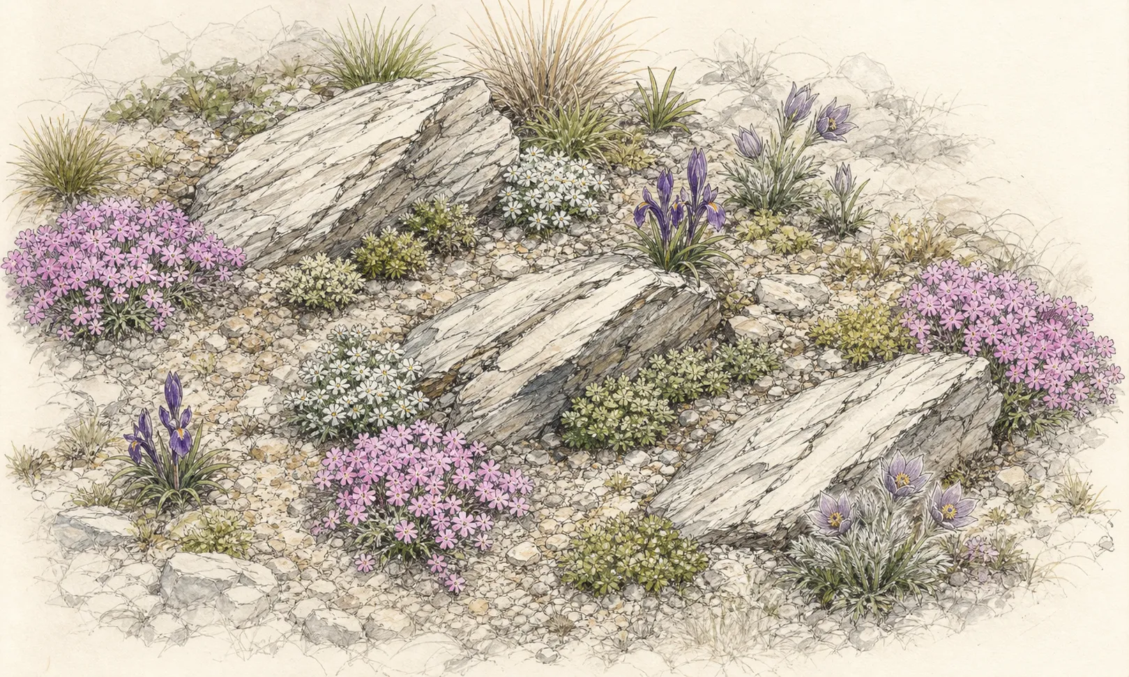 Top-down spring rock garden with aligned anchor stones, compact cushions, small iris accents and open gravel