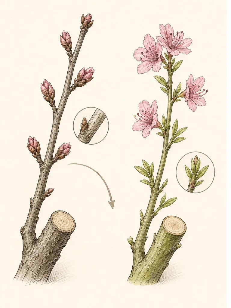 A spring-flowering shrub with spent flower clusters traced back to older framework stems and newly emerging replacement shoots