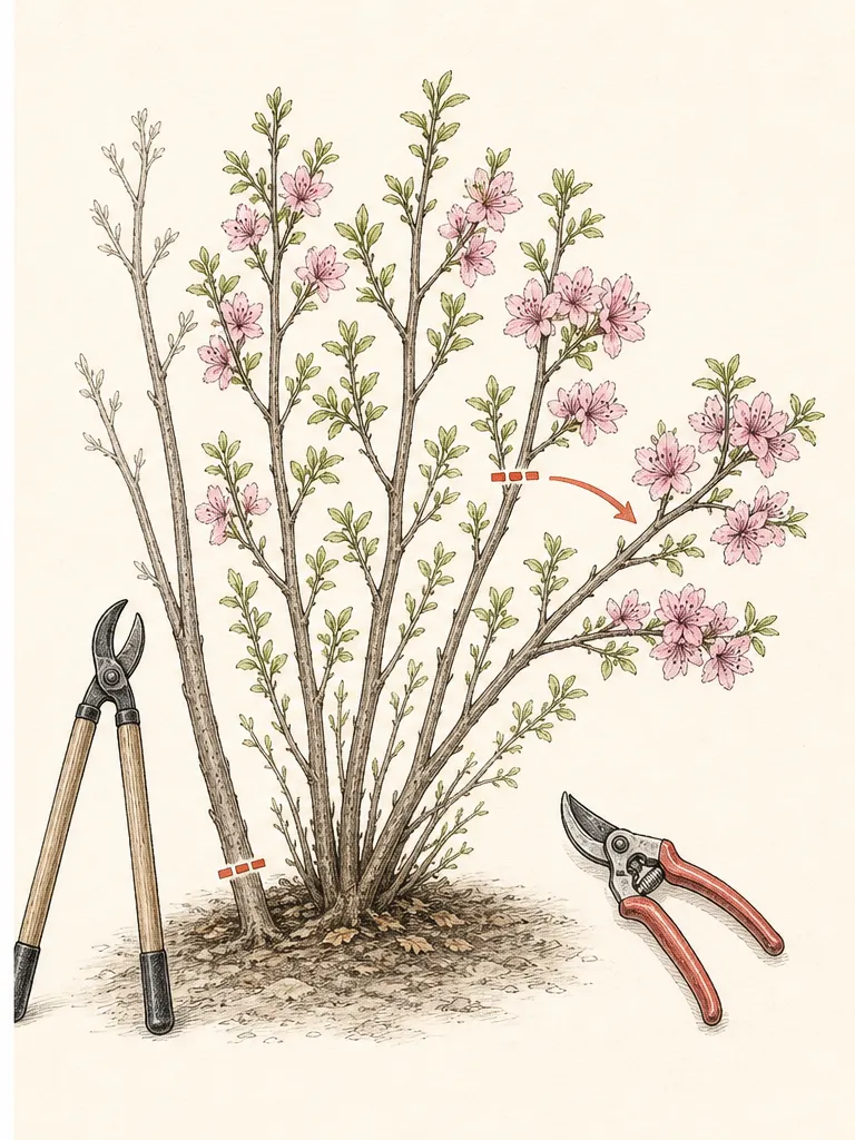 A multi-stem flowering shrub before and after selective thinning cuts at branch unions and the base, with its natural outline retained